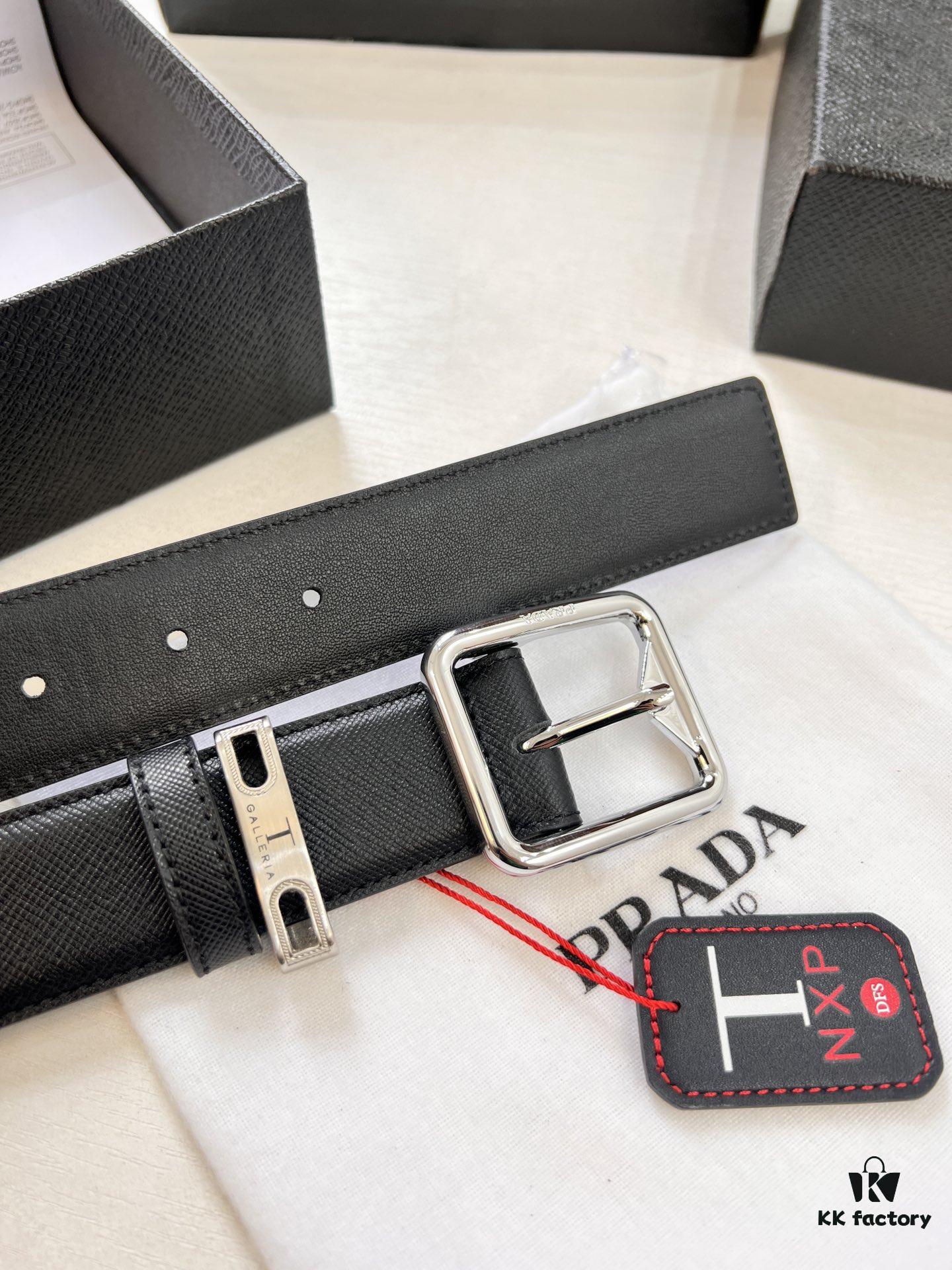 693200cb3a89a121ed550209 Prada Men's Belt, Genuine Imported Cowhide with Cross-Texture, 3.5 cm Width, Double Color, ZP Molded Pin Buckle Hardware