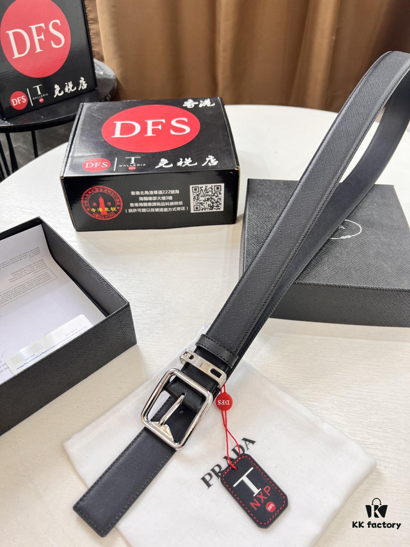 693200cb3a89a121ed55020a Prada Men's Belt, Genuine Imported Cowhide with Cross-Texture, 3.5 cm Width, Double Color, ZP Molded Pin Buckle Hardware