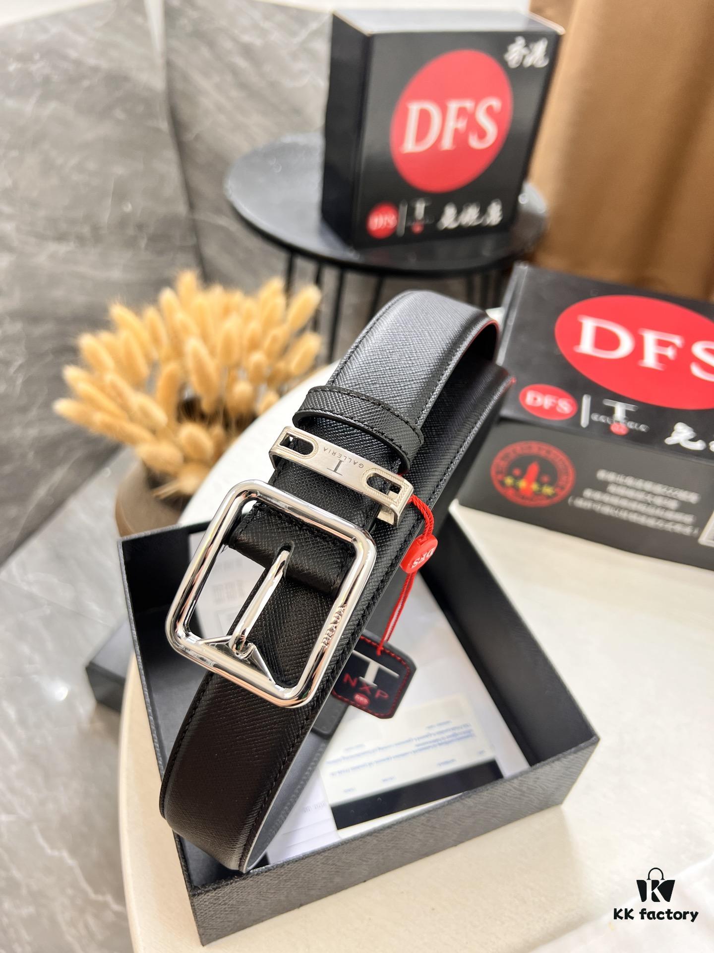 693200cc3a89a121ed55020b Prada Men's Belt, Genuine Imported Cowhide with Cross-Texture, 3.5 cm Width, Double Color, ZP Molded Pin Buckle Hardware