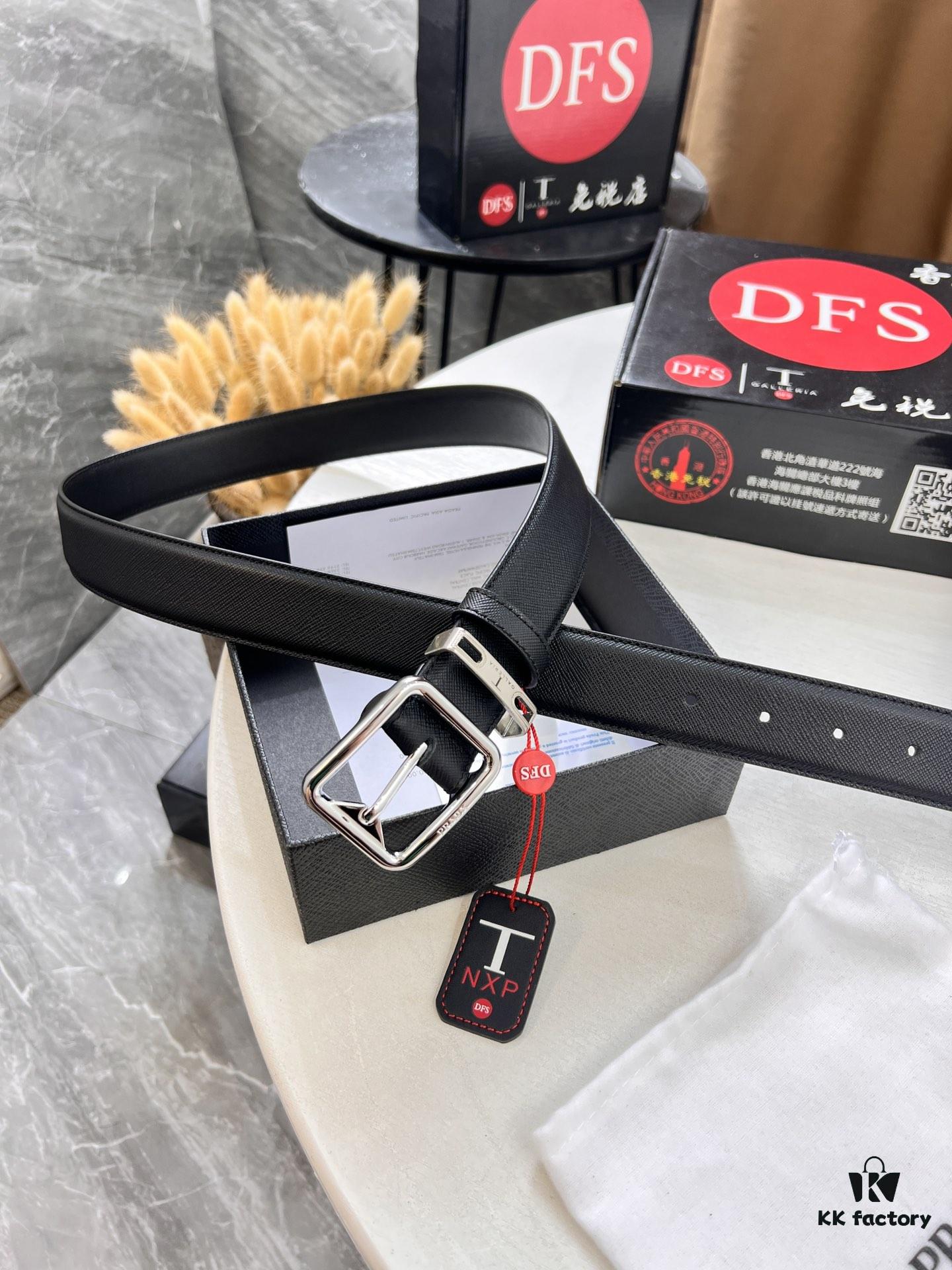 693200cc3a89a121ed55020c Prada Men's Belt, Genuine Imported Cowhide with Cross-Texture, 3.5 cm Width, Double Color, ZP Molded Pin Buckle Hardware
