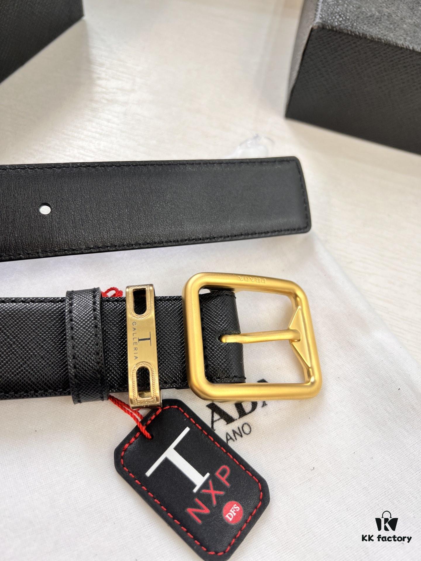 693200cc3a89a121ed550210 Prada Men's Leather Belt, Genuine Imported Cowhide with Cross-Texture, 3.5 cm Width, Double Color, ZP Molded Buckle Hardware