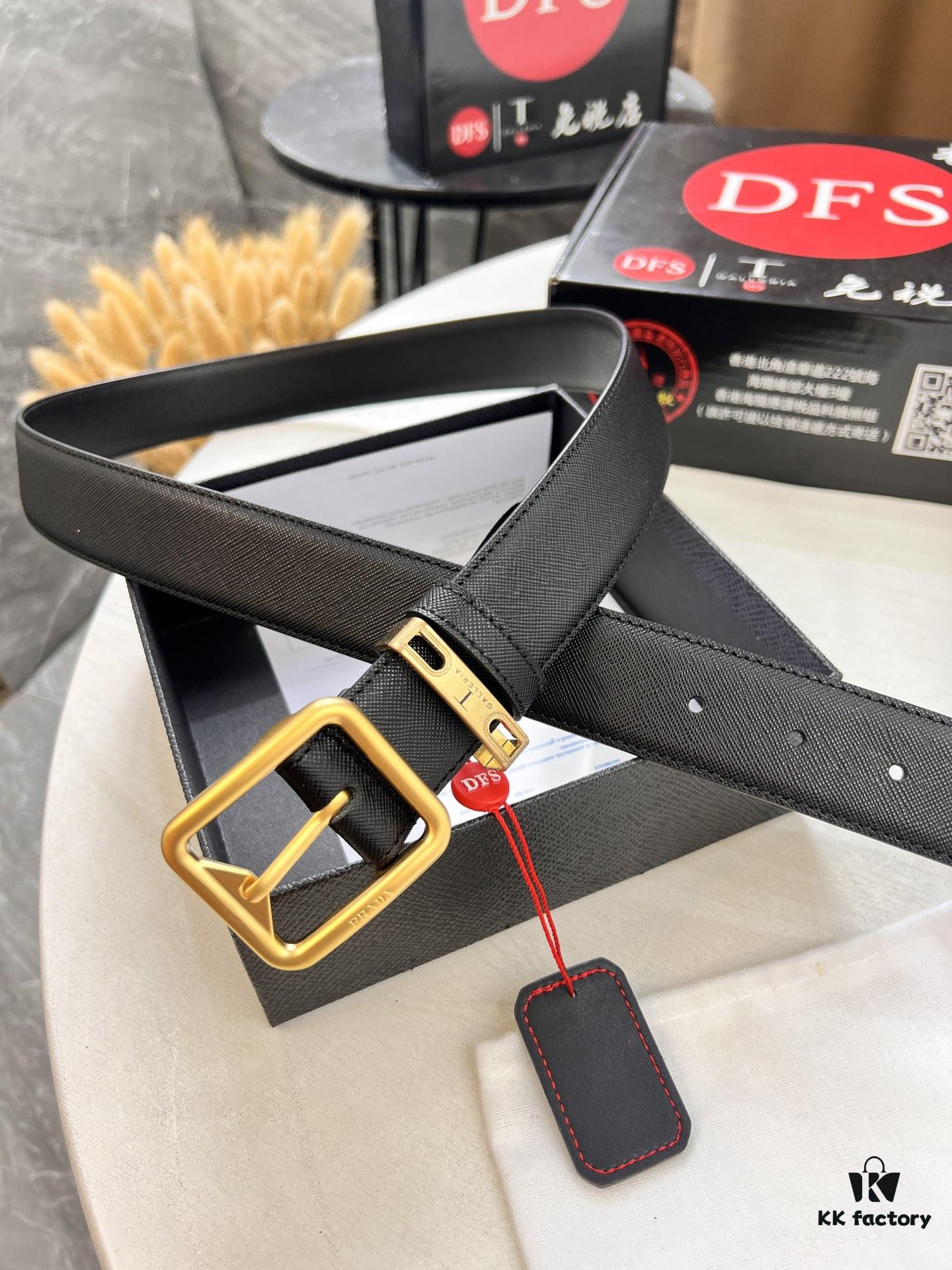 693200cc3a89a121ed550212 Prada Men's Leather Belt, Genuine Imported Cowhide with Cross-Texture, 3.5 cm Width, Double Color, ZP Molded Buckle Hardware