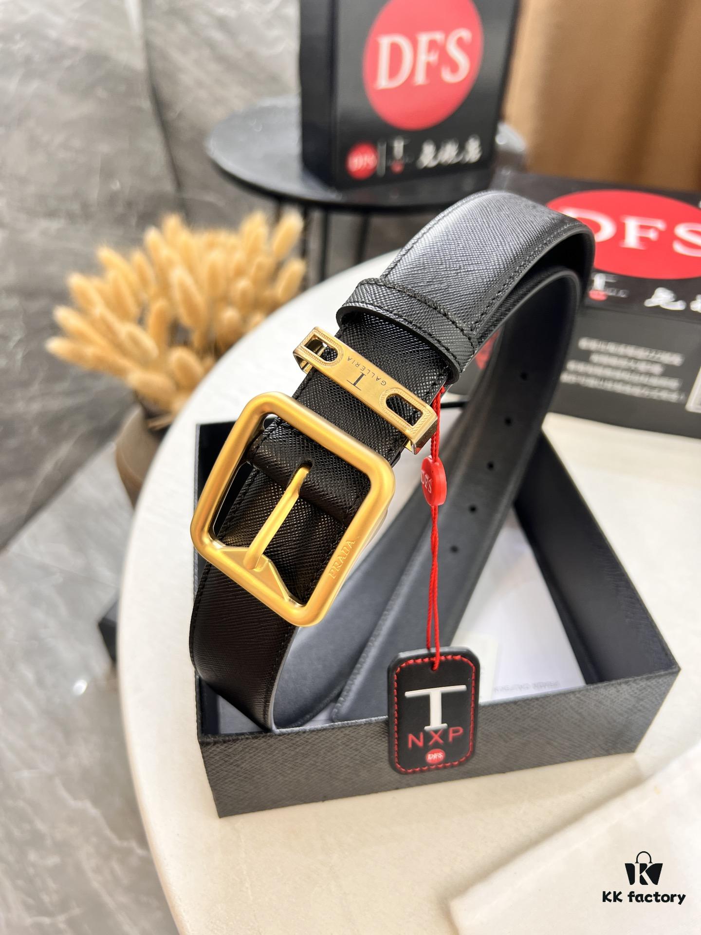 693200cc3a89a121ed550213 Prada Men's Leather Belt, Genuine Imported Cowhide with Cross-Texture, 3.5 cm Width, Double Color, ZP Molded Buckle Hardware