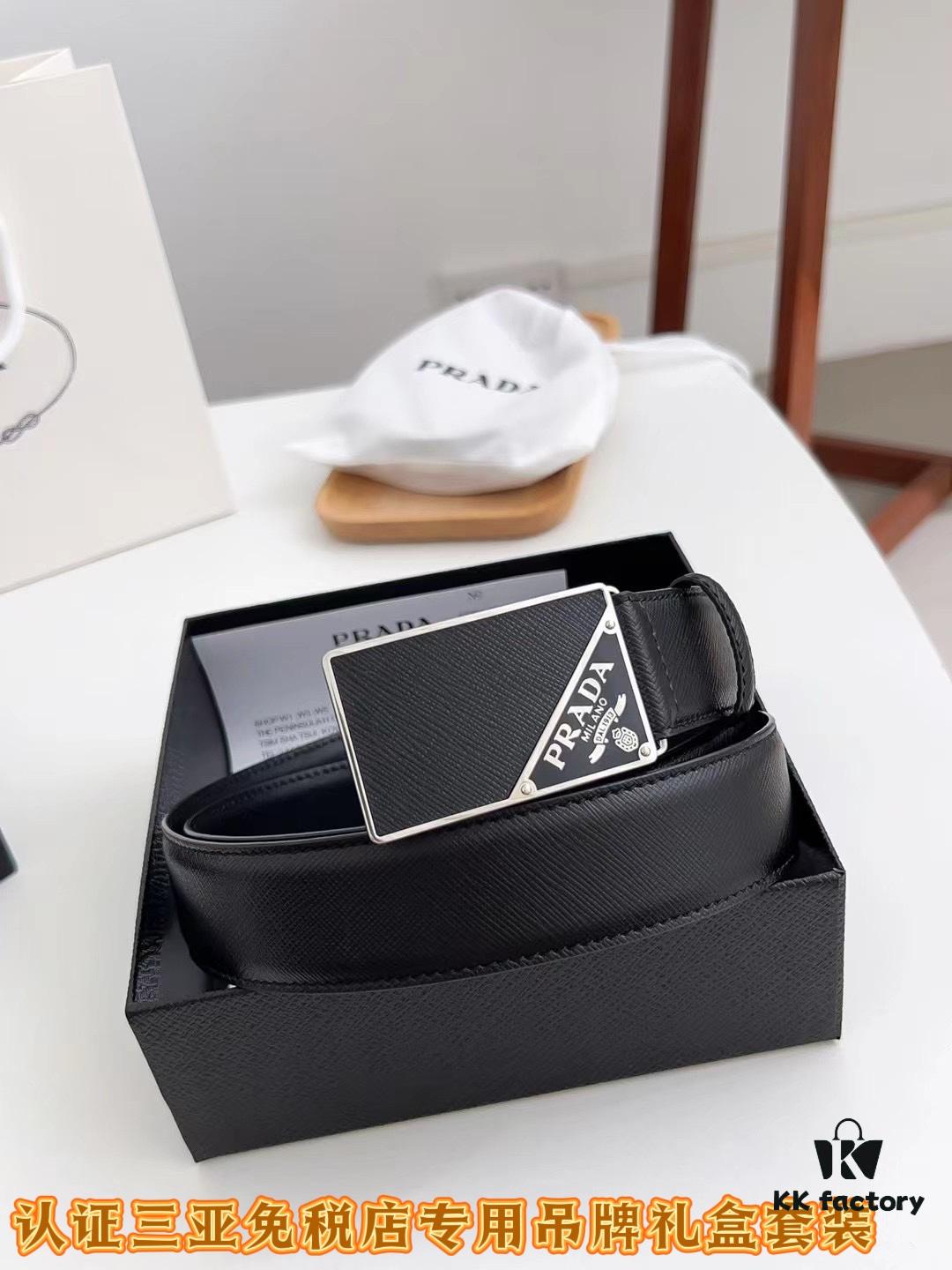693200e23a89a121ed550277 Q170 Sanya Tax-Free Genuine Latest Packaging Gift Box: Prada Original Quality Belt, 3.5cm Width