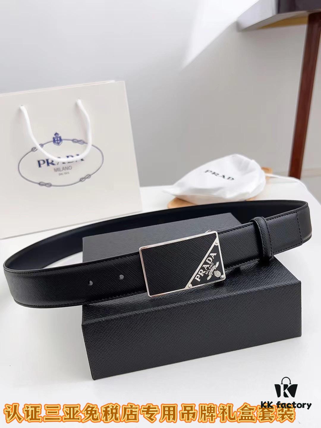 693200e23a89a121ed55027a Q170 Sanya Tax-Free Genuine Latest Packaging Gift Box: Prada Original Quality Belt, 3.5cm Width