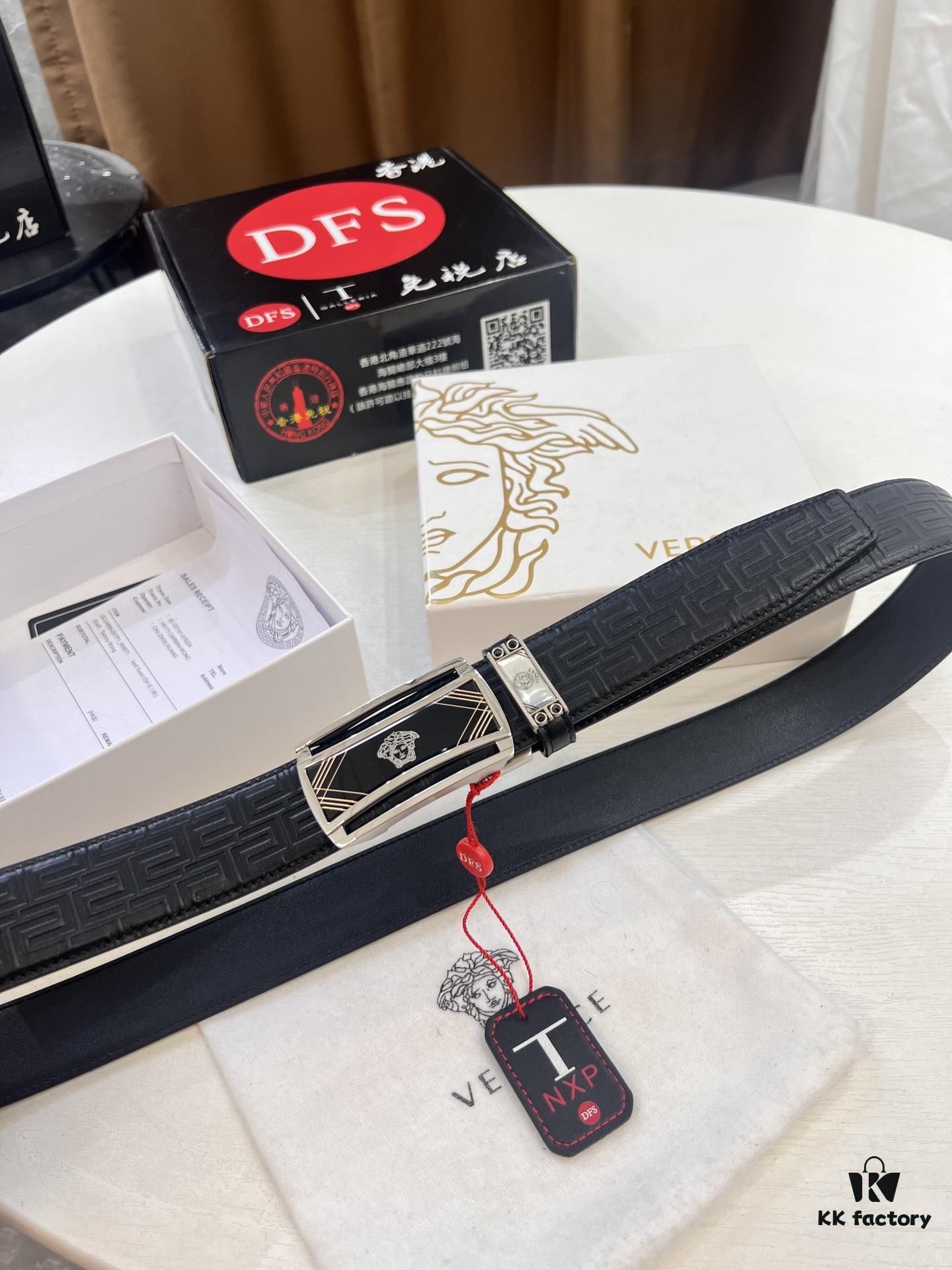 693200f53a89a121ed550299 Versace Automatic Buckle Belt, Custom Embossed Top-Grade Imported Leather, Fine Calfskin with Wax Thread Stitching, 3.5cm Width, Luxury Business Formal Belt with NXP Anti-Counterfeit Chip