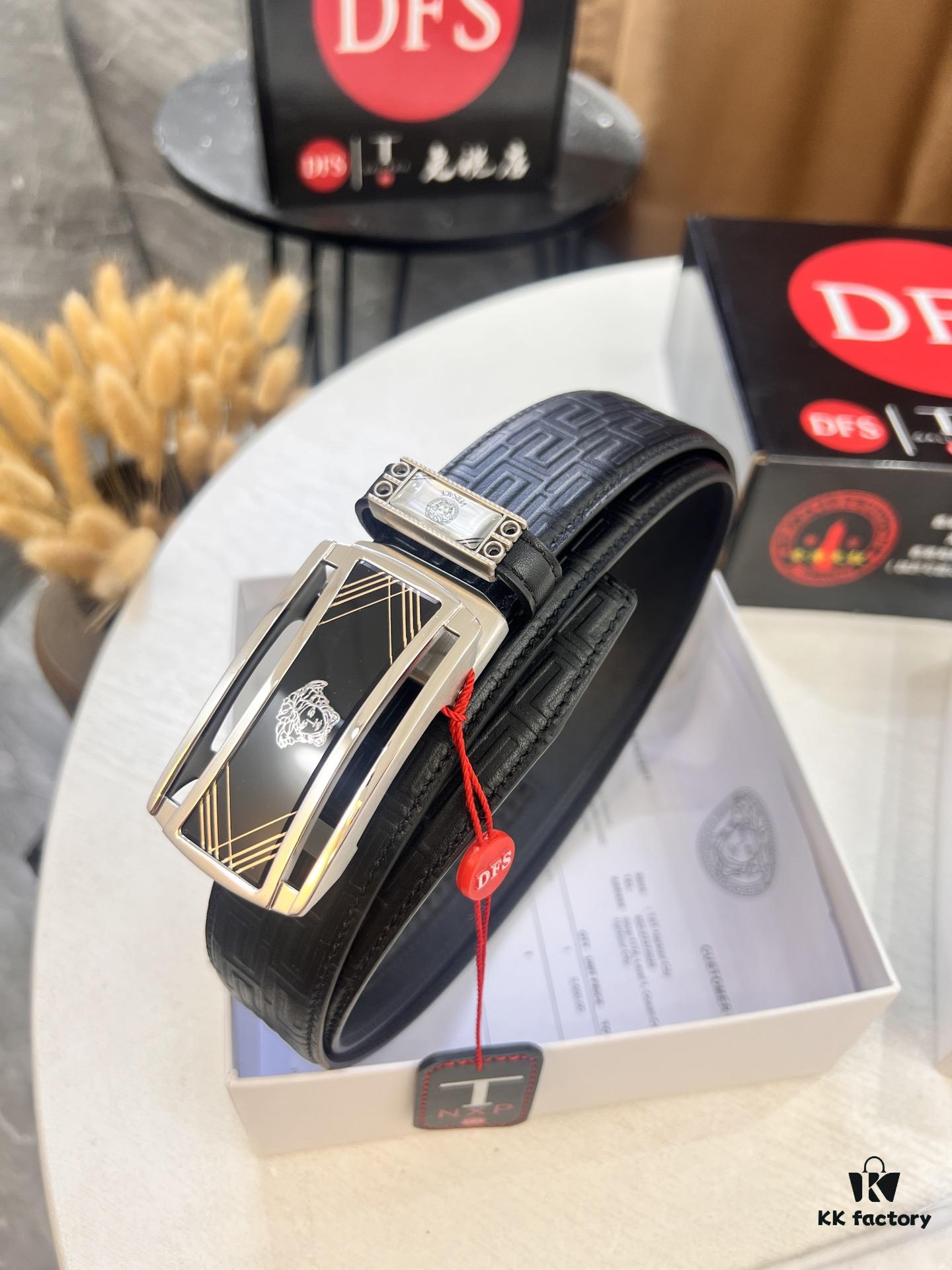 693200f53a89a121ed55029b Versace Automatic Buckle Belt, Custom Embossed Top-Grade Imported Leather, Fine Calfskin with Wax Thread Stitching, 3.5cm Width, Luxury Business Formal Belt with NXP Anti-Counterfeit Chip