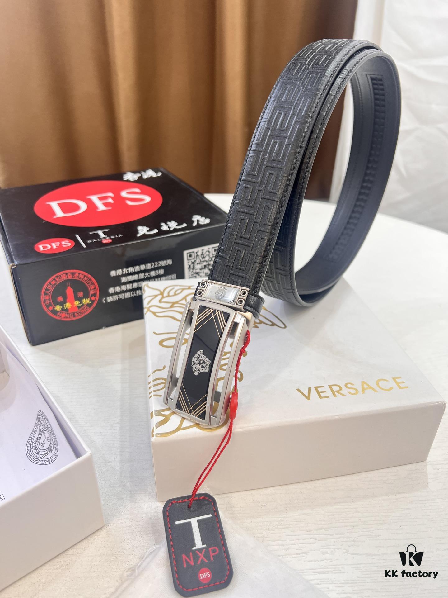 693200f53a89a121ed55029d Versace Automatic Buckle Belt, Custom Embossed Top-Grade Imported Leather, Fine Calfskin with Wax Thread Stitching, 3.5cm Width, Luxury Business Formal Belt with NXP Anti-Counterfeit Chip
