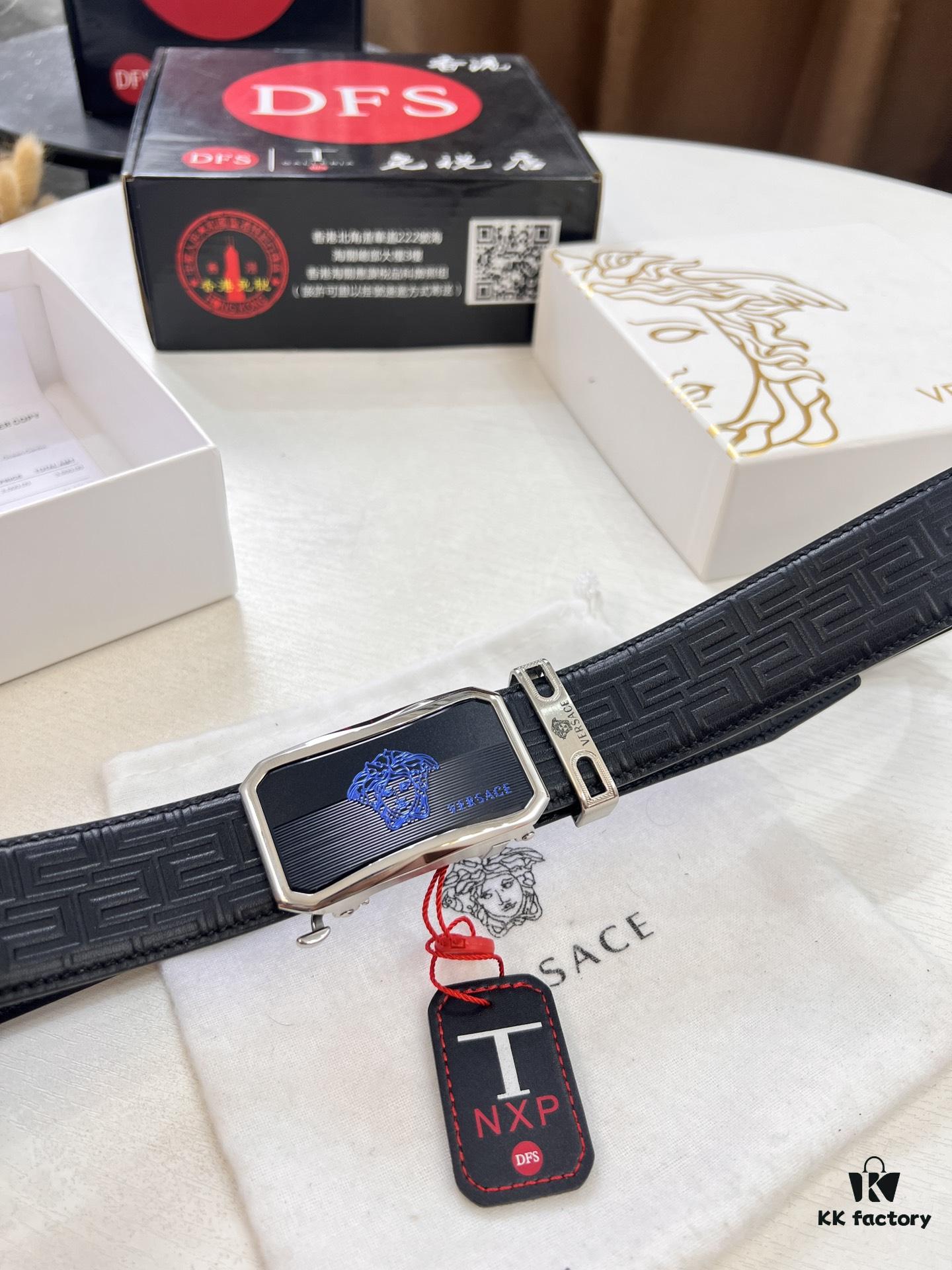 Versace Automatic Buckle Belt, Custom Cowhide with Medusa Embossed Top Layer Imported Leather, Fine Grain Cowhide, 3.5 cm Width
