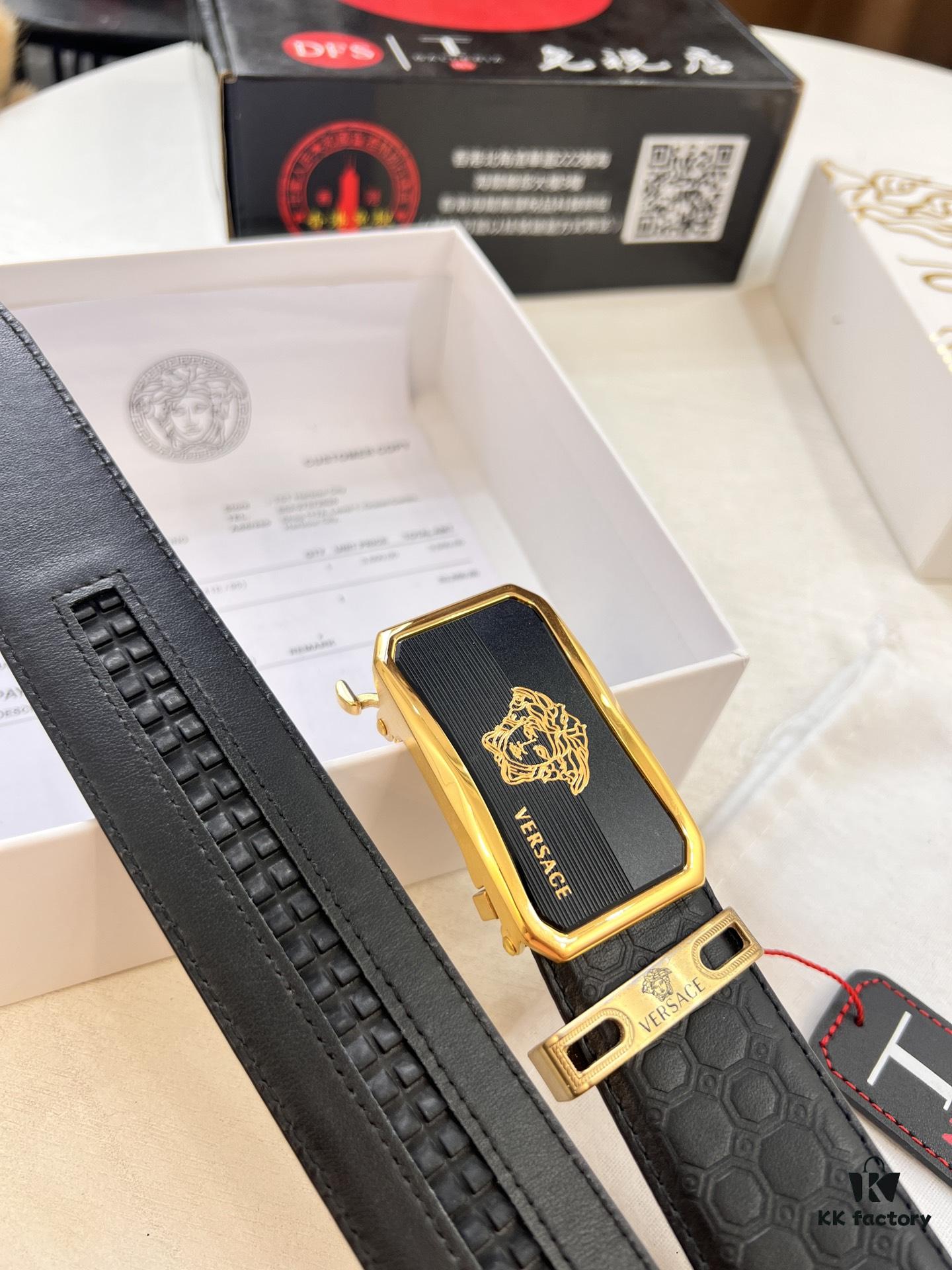 6932010a3a89a121ed5502d2 Versace Automatic Buckle Belt, Custom Embossed Top Grain Imported Leather, Fine Calfskin with Automatic Slide Rail, 3.5 cm Width
