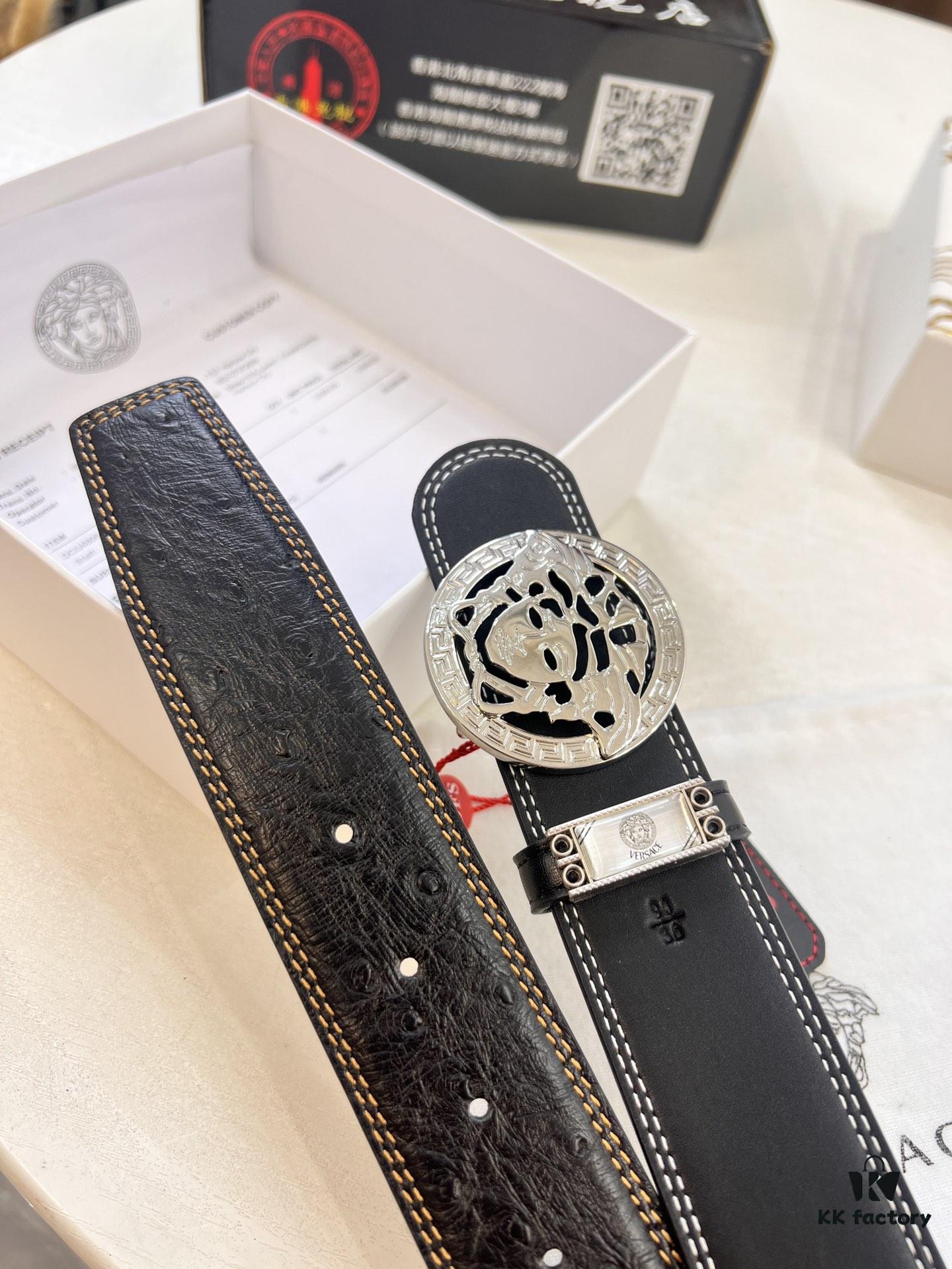 693201103a89a121ed5502d9 Versace Belt 2023 New Arrival Genuine Ostrich Grain Full-Grain Leather Fashion Belt with Double-Sided Wear Soft Leather 3.8cm Width Premium Steel Hardware