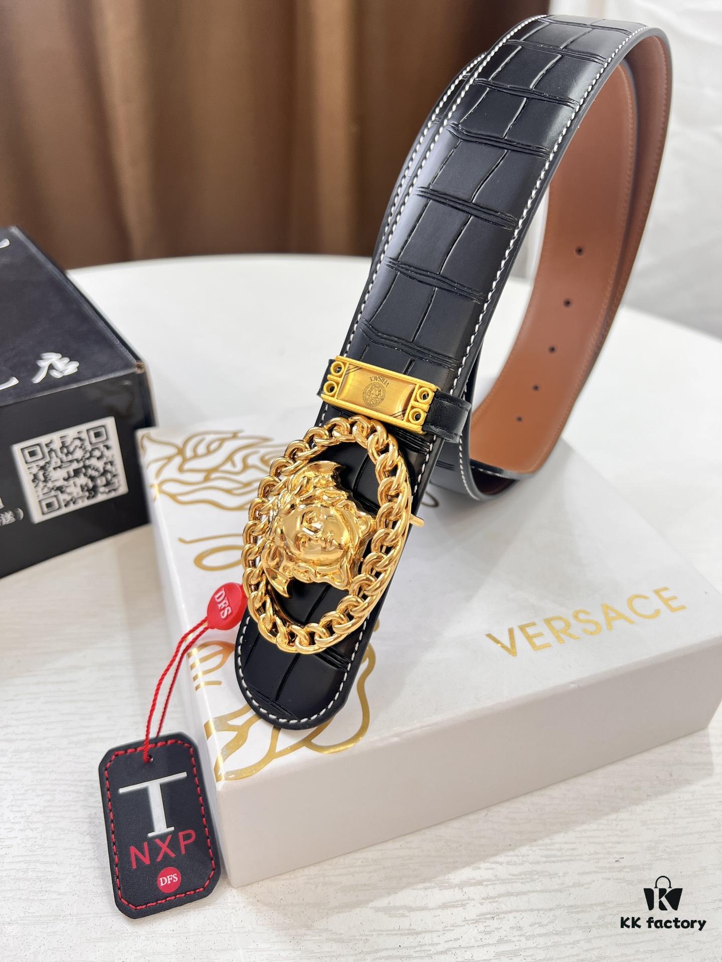 693201143a89a121ed5502f0 Versace Belt, New Arrival, Top Quality Genuine Leather, Soft Touch, Reversible Design, 3.8cm Width, Stainless Steel Hardware