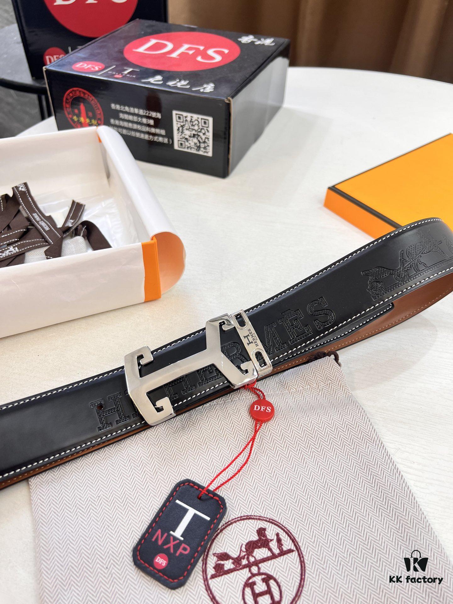 693201303a89a121ed5503a9 Hermès Men's Belt, Top Grain Cowhide with Engraved Buckle, 3.8cm Width, Adjustable Length, Original Imported Embossed Horse Head Design, Ideal Gift