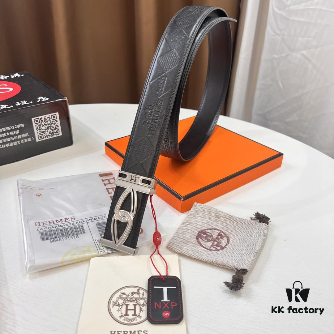 Hermès Men's Belt, Top Grain Calfskin Leather, 3.8cm Width, Steel Hardware with Box, Ideal Gift