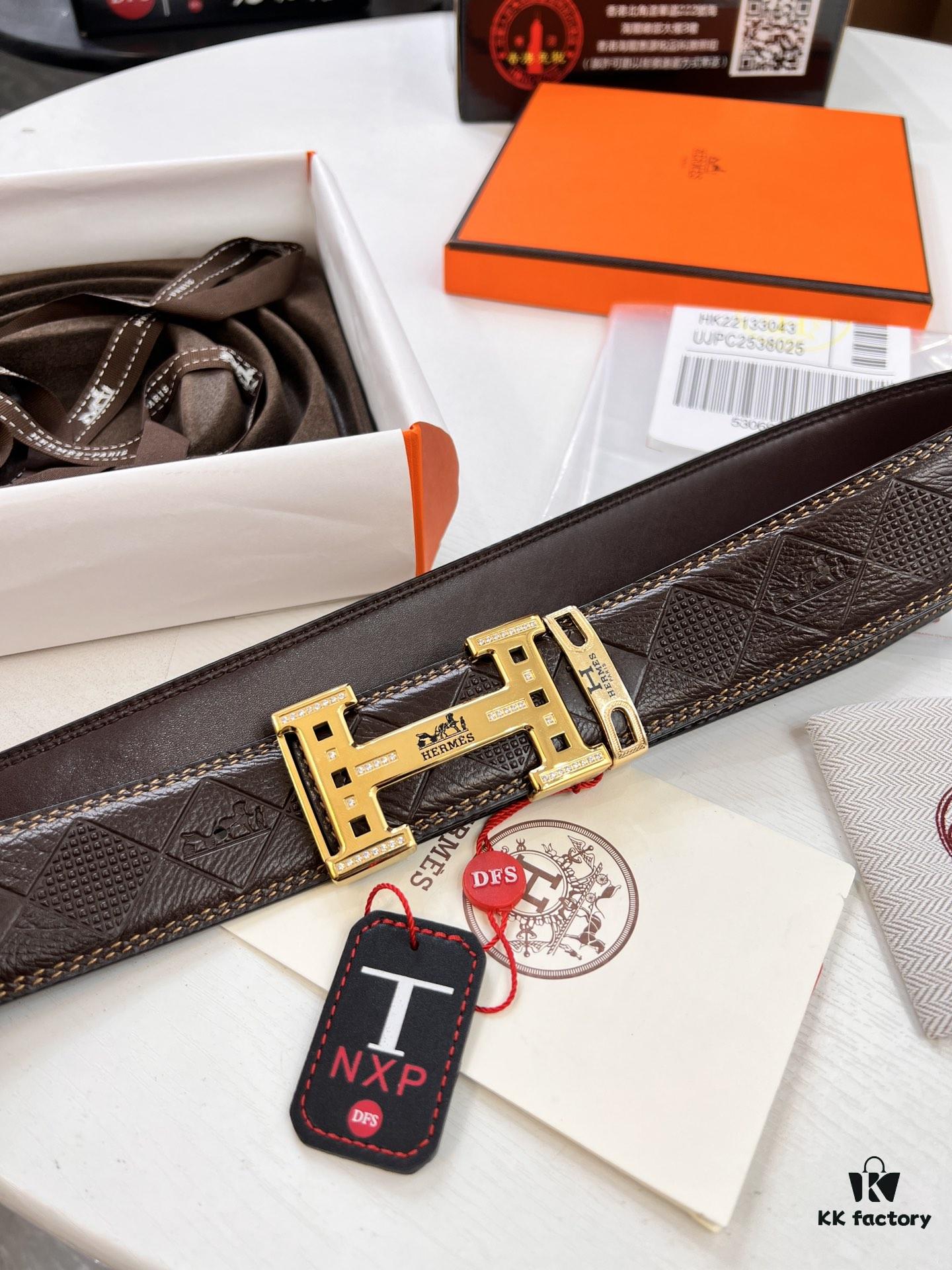 693201343a89a121ed5503da Hermès Men's Belt, Genuine Top-Layer Calfskin Leather, Original Imported Embossed Horse-Drawn Carriage Design, 3.8cm Width, Adjustable Length, Stainless Steel Hardware with Box, Ideal Gift