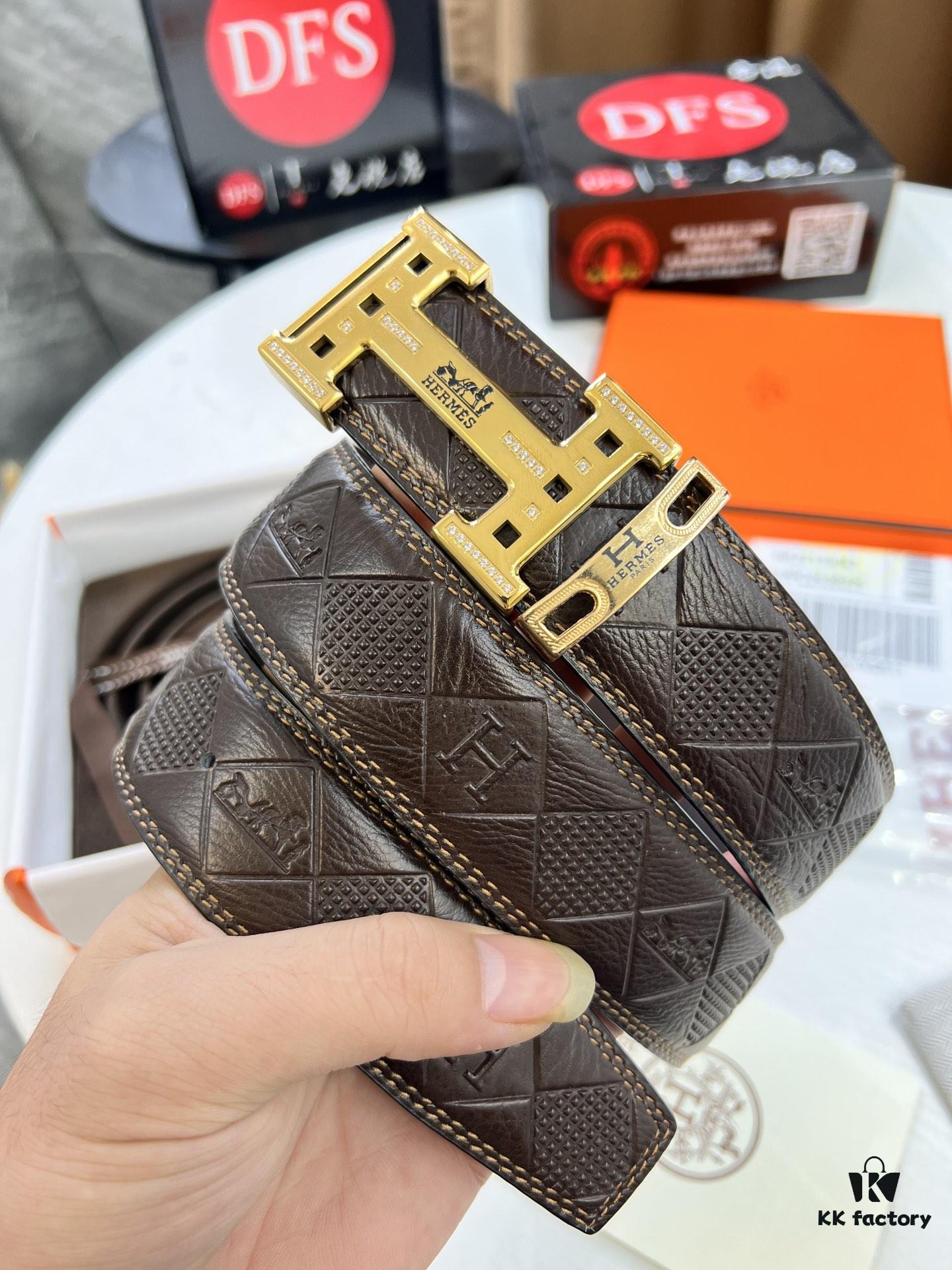 693201343a89a121ed5503db Hermès Men's Belt, Genuine Top-Layer Calfskin Leather, Original Imported Embossed Horse-Drawn Carriage Design, 3.8cm Width, Adjustable Length, Stainless Steel Hardware with Box, Ideal Gift