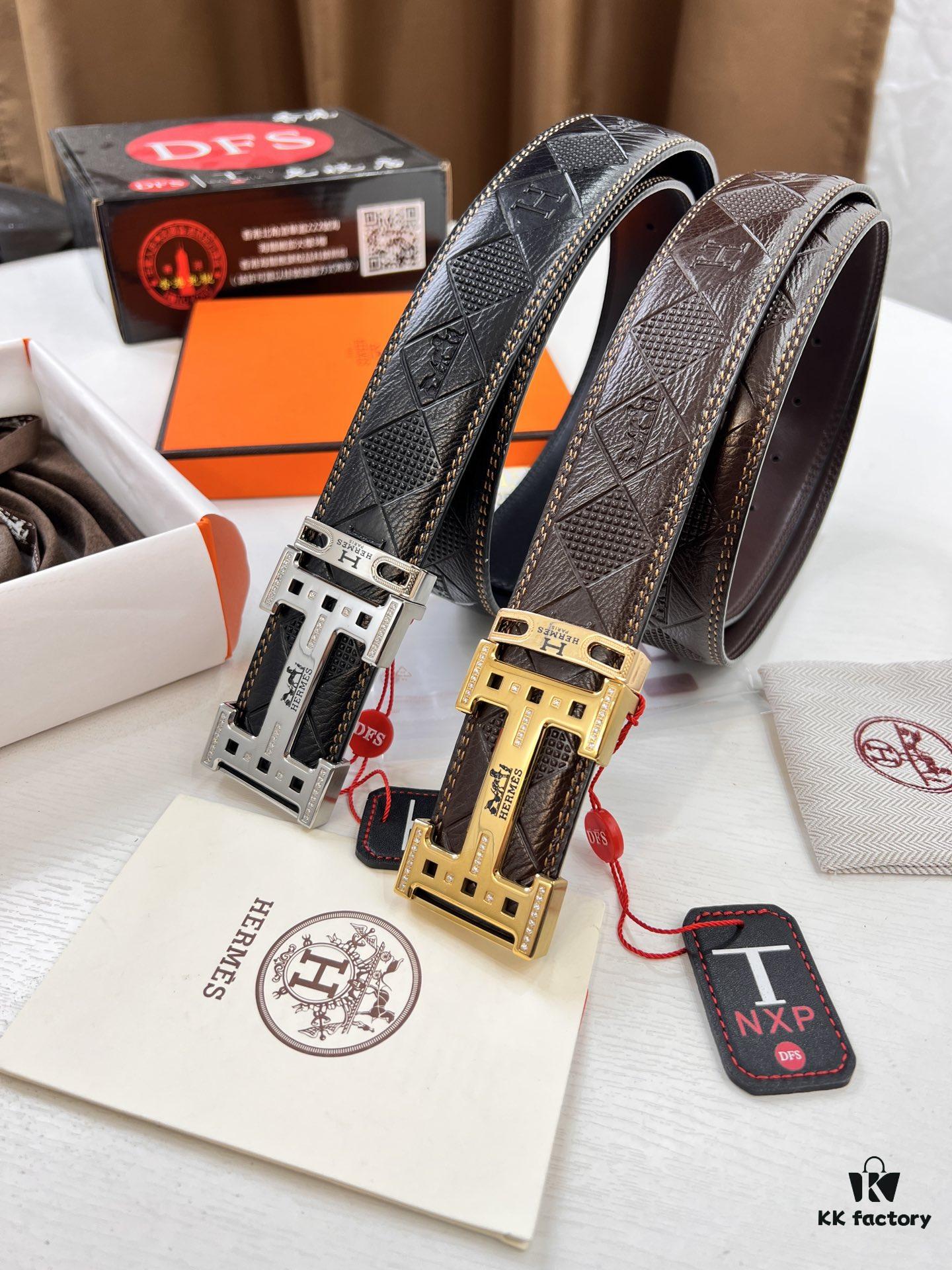 693201353a89a121ed5503df Hermès Men's Belt, Genuine Top-Layer Calfskin Leather, Original Imported Embossed Horse-Drawn Carriage Design, 3.8cm Width, Adjustable Length, Stainless Steel Hardware with Box, Ideal Gift