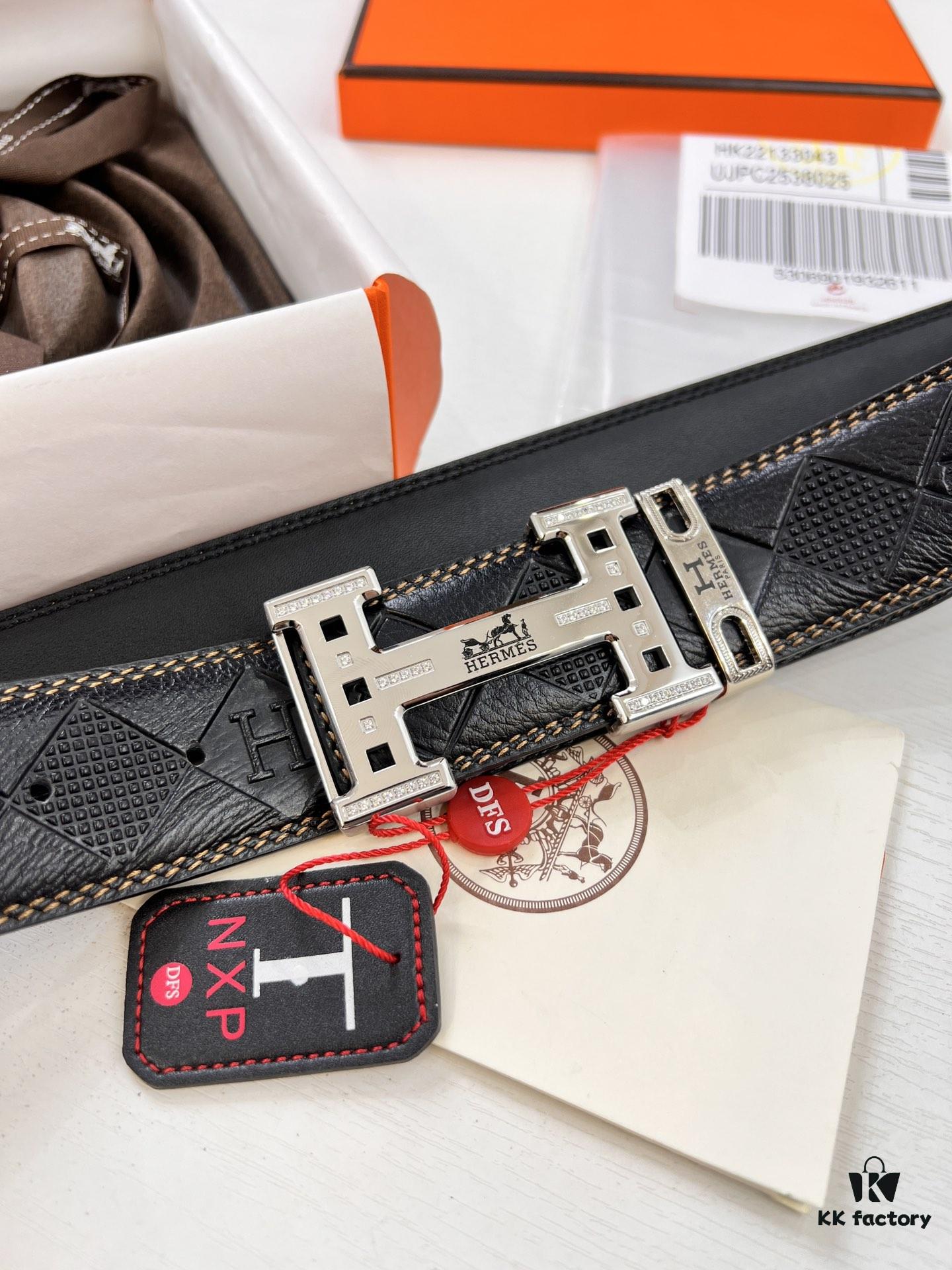 693201353a89a121ed5503e1 Hermès Men's Belt, Top Grain Calfskin Leather, 3.8cm Width, Original Imported Embossed Horse Carriage Design, Stainless Steel Hardware, Box with NXP Chip Anti-Counterfeit Verification