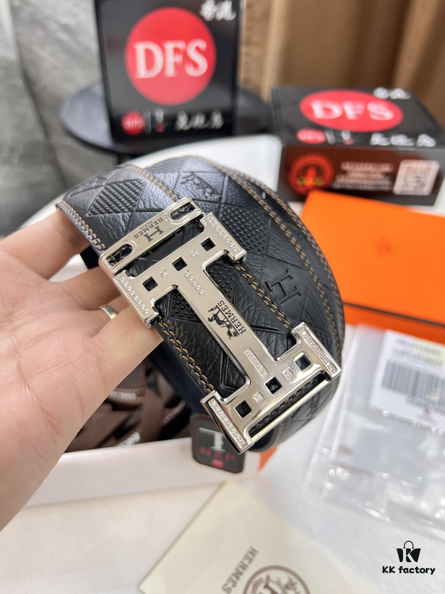 693201353a89a121ed5503e2 Hermès Men's Belt, Top Grain Calfskin Leather, 3.8cm Width, Original Imported Embossed Horse Carriage Design, Stainless Steel Hardware, Box with NXP Chip Anti-Counterfeit Verification