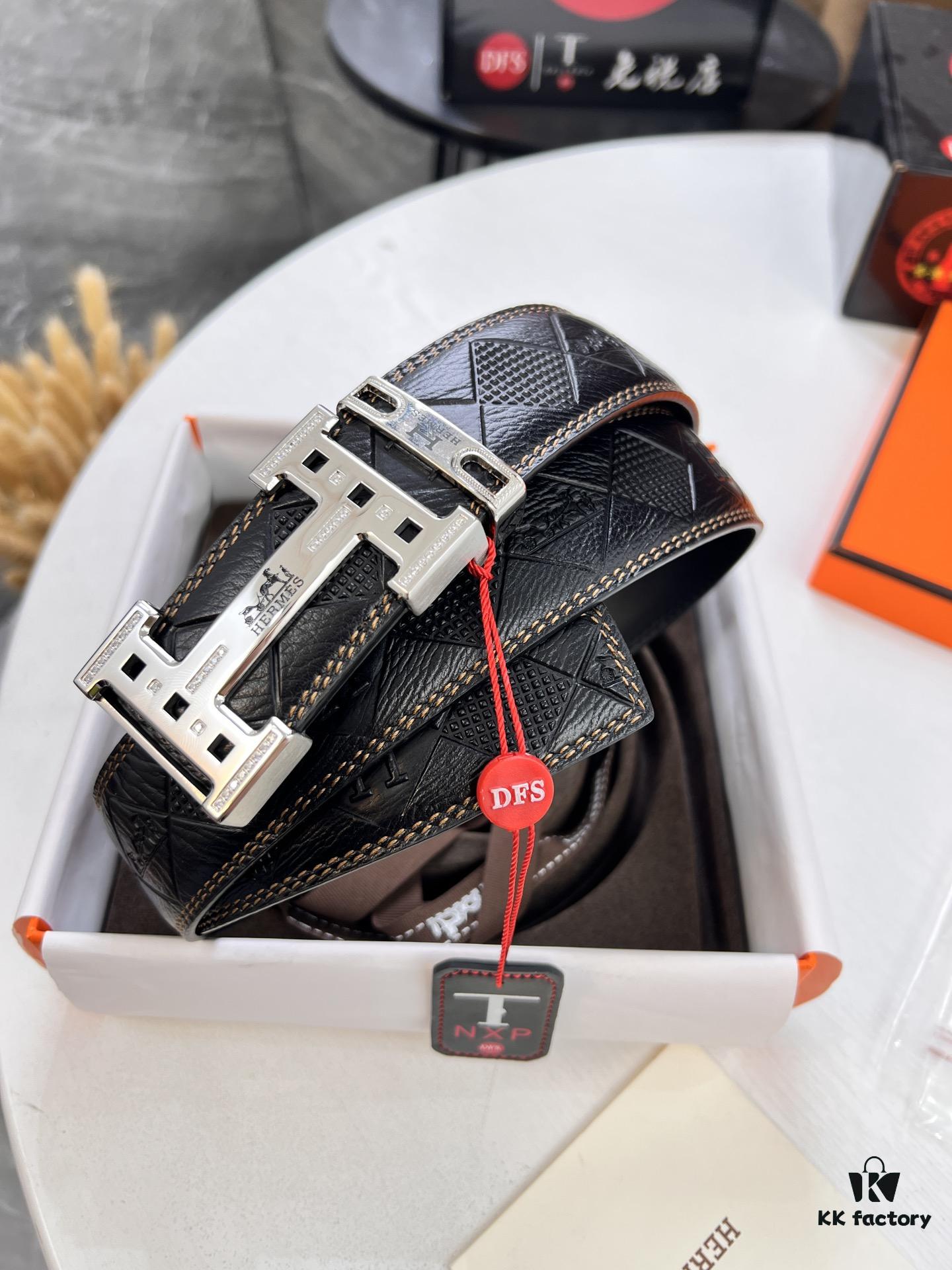 693201353a89a121ed5503e3 Hermès Men's Belt, Top Grain Calfskin Leather, 3.8cm Width, Original Imported Embossed Horse Carriage Design, Stainless Steel Hardware, Box with NXP Chip Anti-Counterfeit Verification