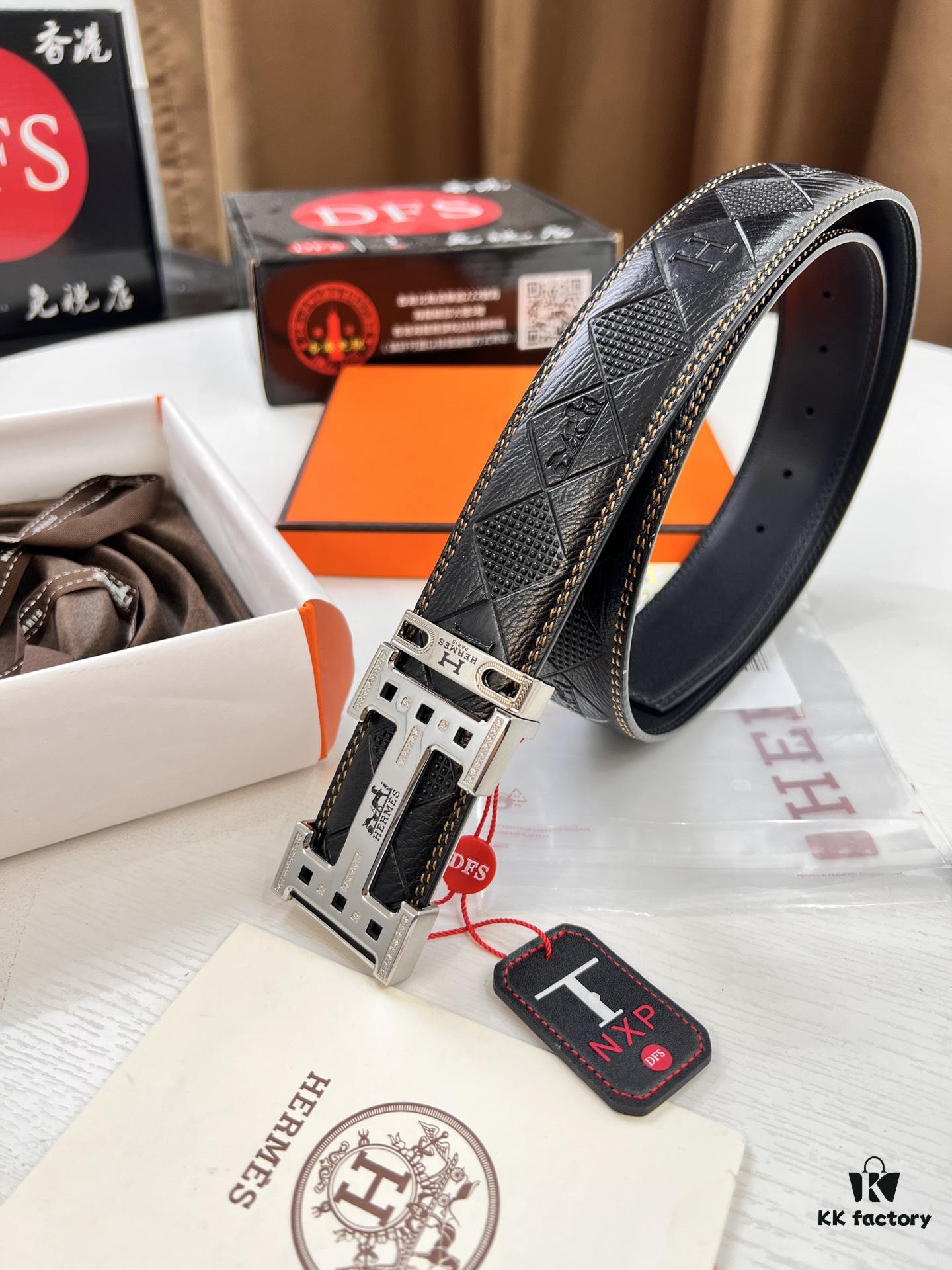 693201353a89a121ed5503e5 Hermès Men's Belt, Top Grain Calfskin Leather, 3.8cm Width, Original Imported Embossed Horse Carriage Design, Stainless Steel Hardware, Box with NXP Chip Anti-Counterfeit Verification