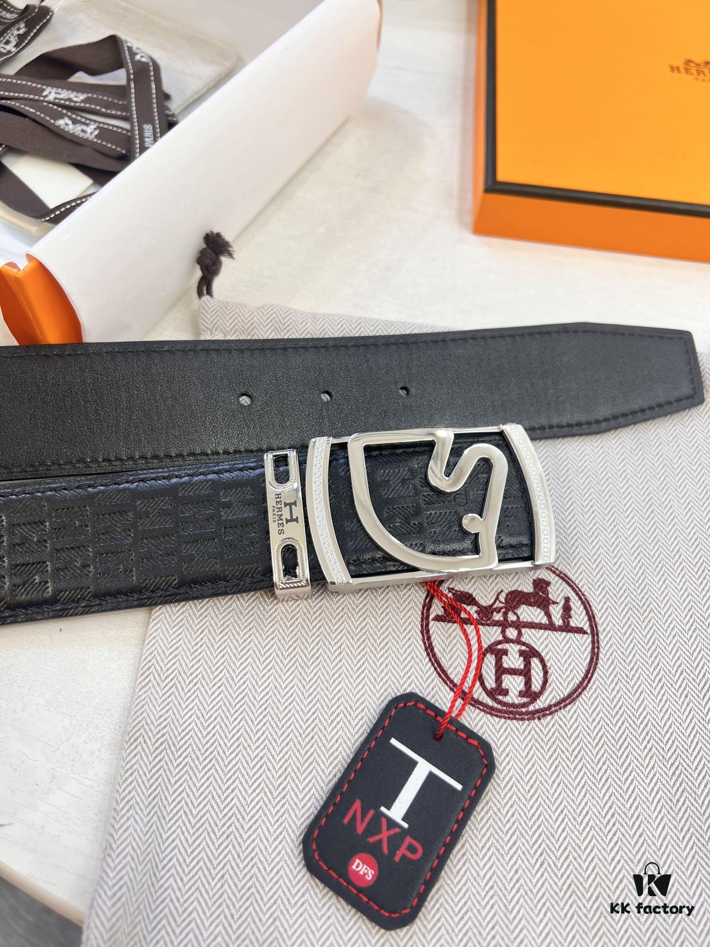 693201353a89a121ed5503e9 Hermès Men's Belt, Top Grain Cowhide Leather with Engraved Metal Buckle, 3.8cm Width, Adjustable Length, Original Imported Embossed Horse-Drawn Carriage Design, Ideal Gift