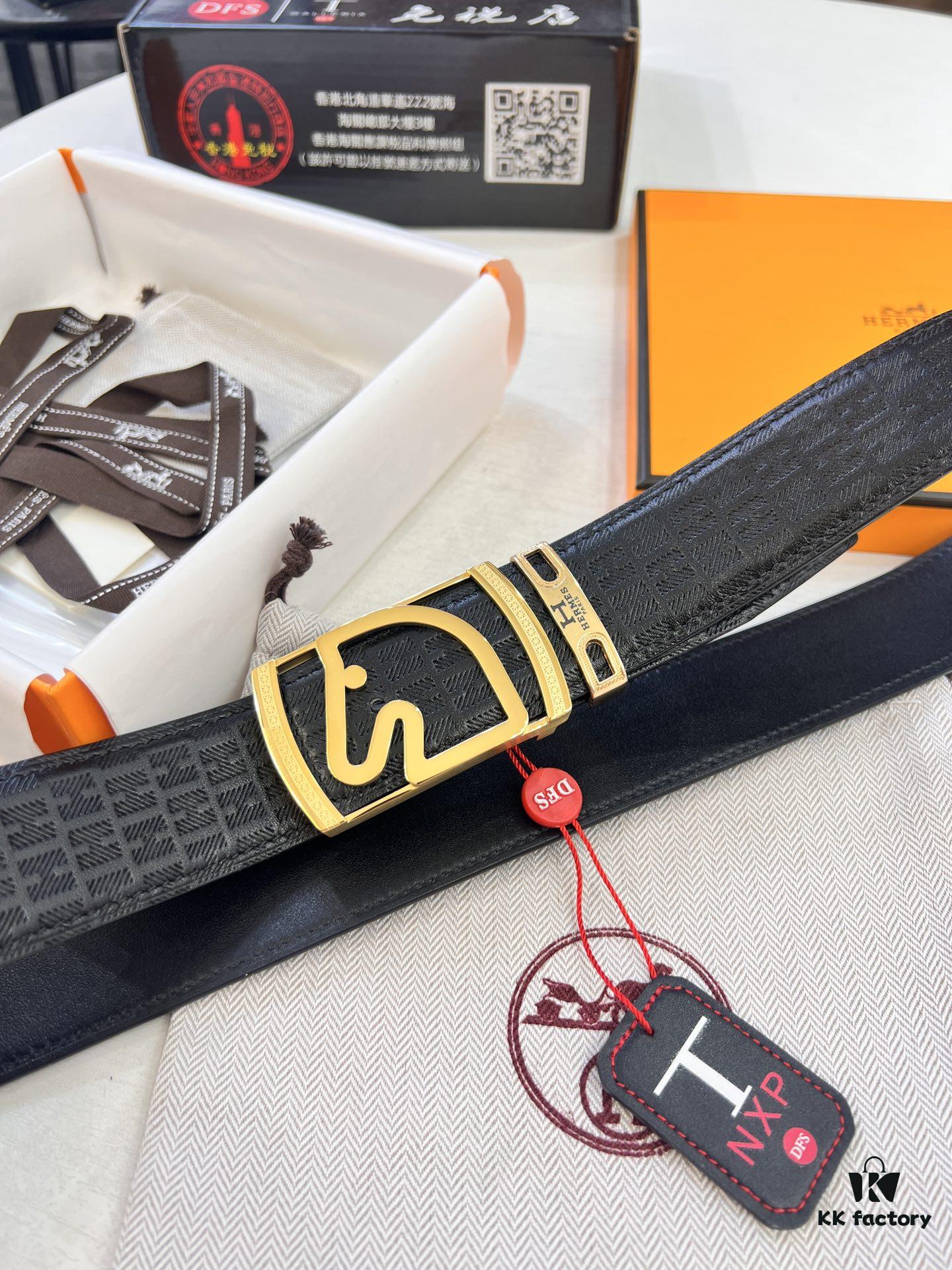 Hermès Men's Belt, Genuine Top-Layer Calfskin with Engraved Metal Buckle, 3.8cm Width, Custom Length