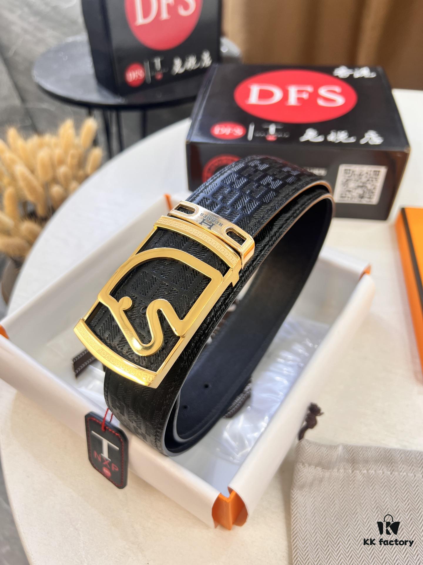 Hermès Men's Belt, Genuine Top-Layer Calfskin with Engraved Metal Buckle, 3.8cm Width, Custom Length