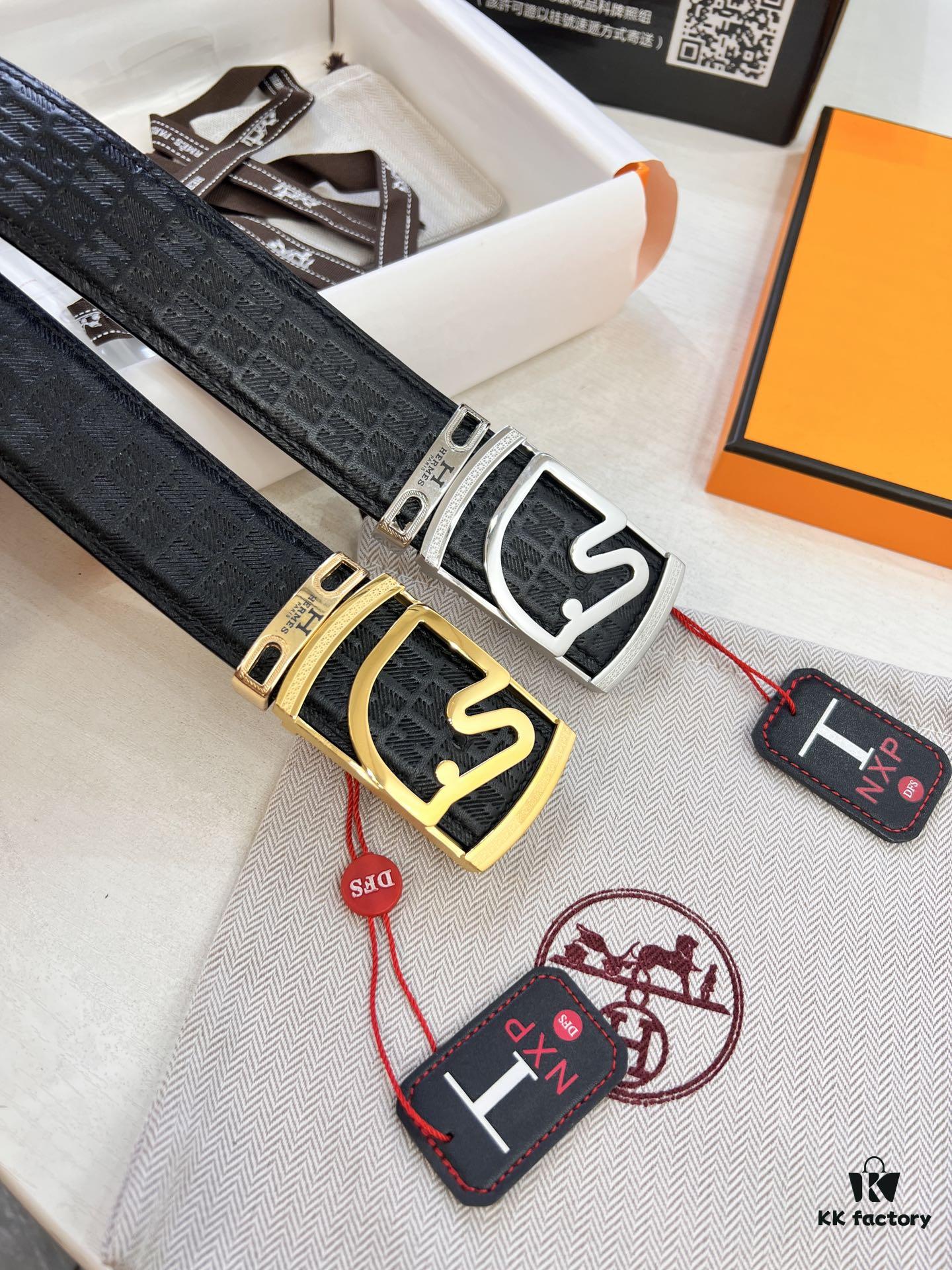 Hermès Men's Belt, Genuine Top-Layer Calfskin with Engraved Metal Buckle, 3.8cm Width, Custom Length