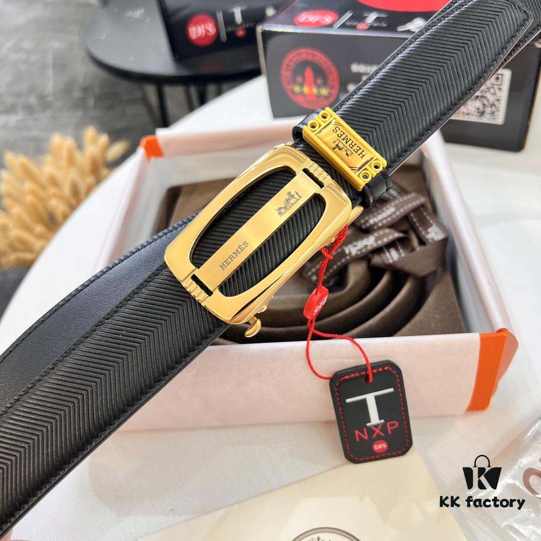Hermès HH Original Factory Order Men's Leather Belt - Italian Imported Top Grain Calfskin, Automatic Buckle, 3.5cm Width