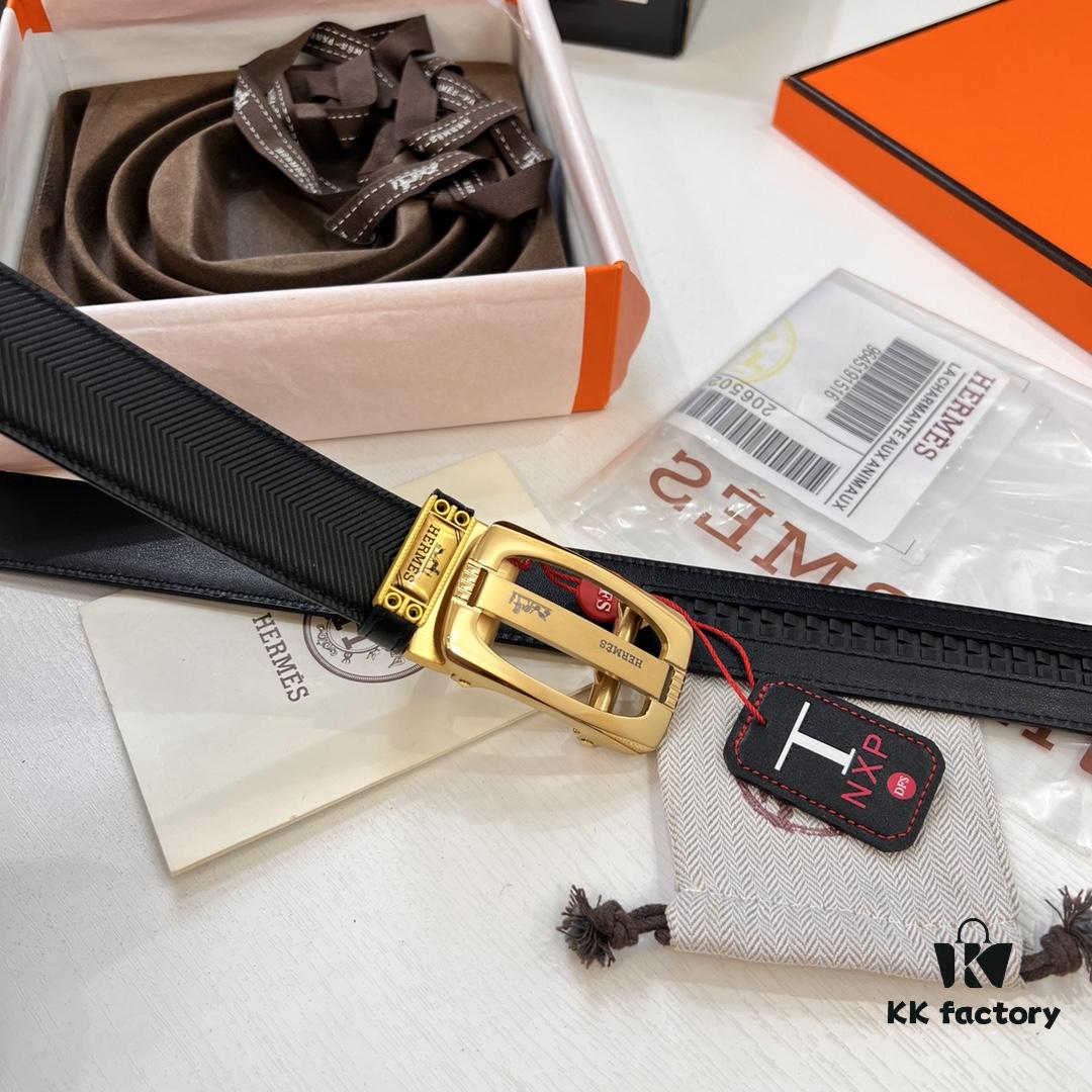 Hermès HH Original Factory Order Men's Leather Belt - Italian Imported Top Grain Calfskin, Automatic Buckle, 3.5cm Width