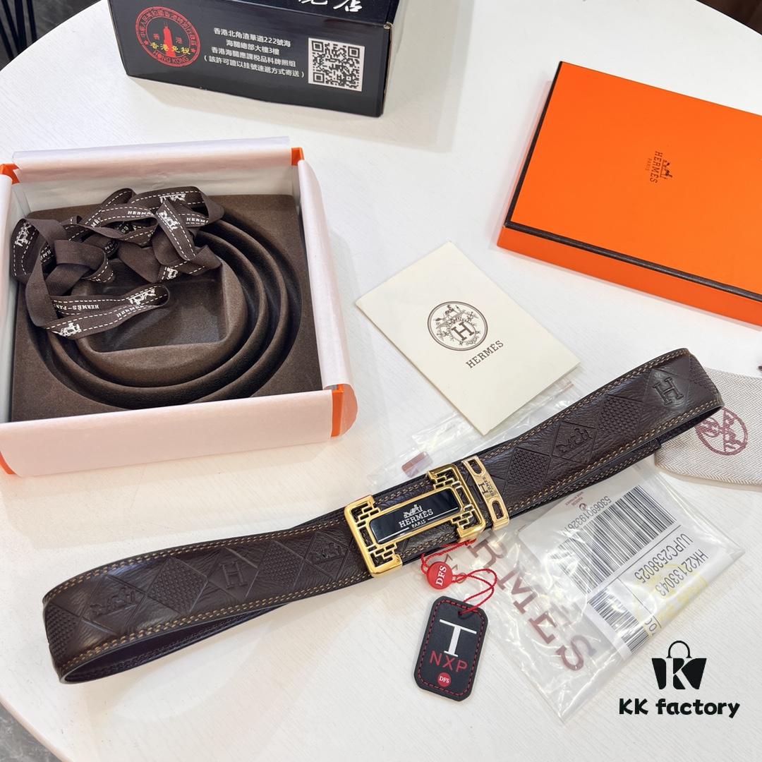 6932013d3a89a121ed55044c Hermès Men's Belt, Top Grain Cowhide with Engraved Metal Hardware, 3.8cm Width, Adjustable Length, Original Imported Embossed Horse-Drawn Carriage Design