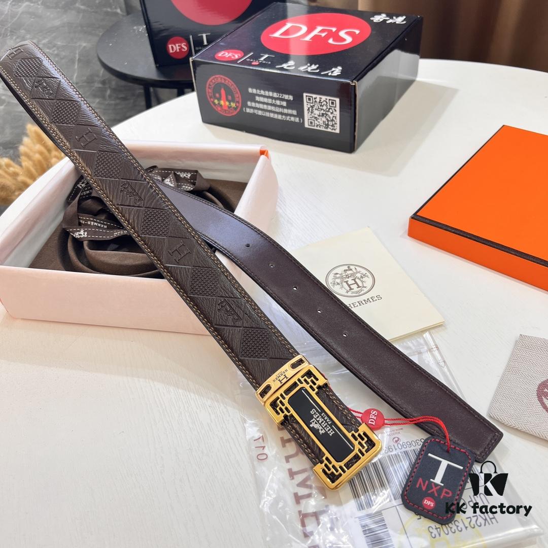 6932013d3a89a121ed55044e Hermès Men's Belt, Top Grain Cowhide with Engraved Metal Hardware, 3.8cm Width, Adjustable Length, Original Imported Embossed Horse-Drawn Carriage Design