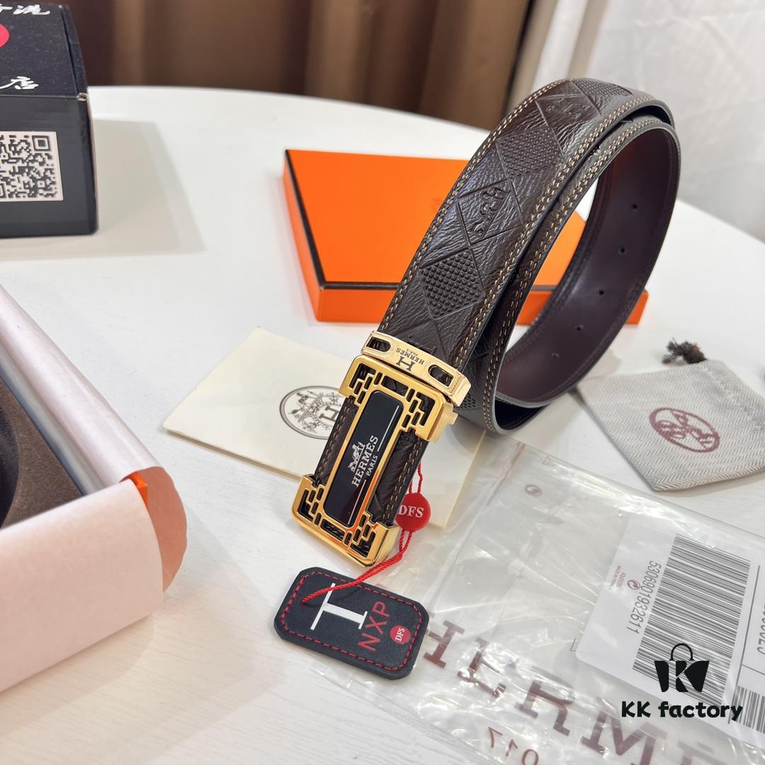6932013d3a89a121ed55044f Hermès Men's Belt, Top Grain Cowhide with Engraved Metal Hardware, 3.8cm Width, Adjustable Length, Original Imported Embossed Horse-Drawn Carriage Design
