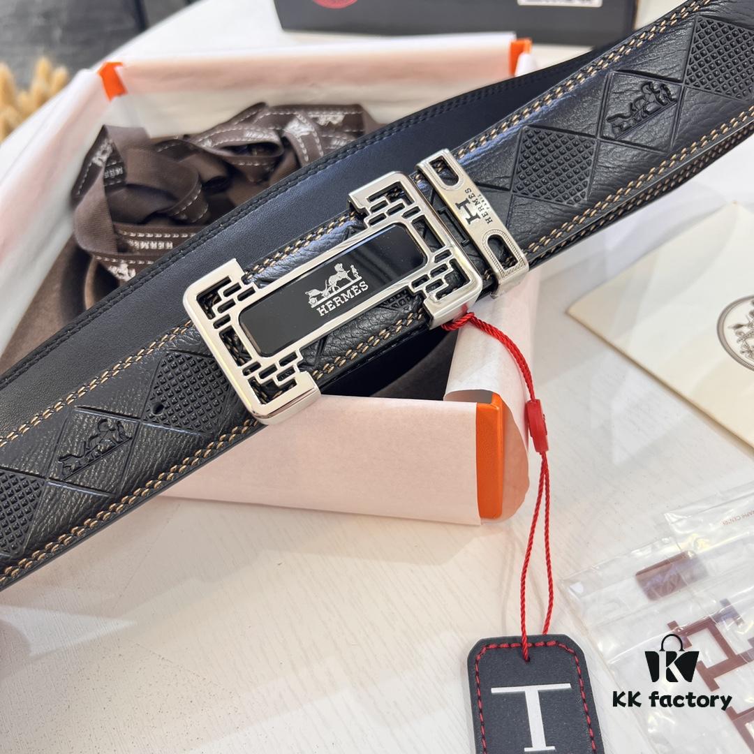 6932013e3a89a121ed550453 Hermès Men's Belt, Top Grain Cowhide with Engraved Horse Carriage Design, Slim 3.8cm Width, Stainless Steel Hardware, Custom Length Adjustable