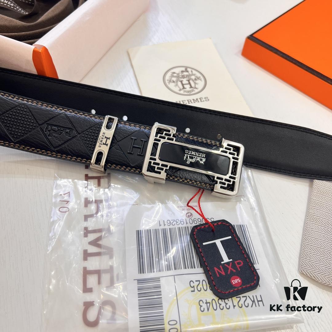 6932013e3a89a121ed550455 Hermès Men's Belt, Top Grain Cowhide with Engraved Horse Carriage Design, Slim 3.8cm Width, Stainless Steel Hardware, Custom Length Adjustable