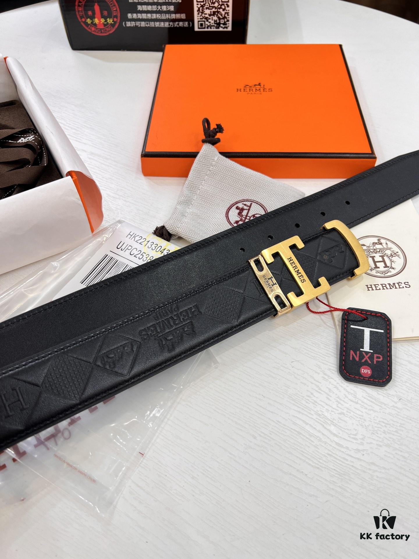 Hermès Men's Belt, Full-Grain Calfskin with Engraved H Logo Buckle, 3.8cm Width, Adjustable Length, Sterling Silver Hardware, Ideal Gift