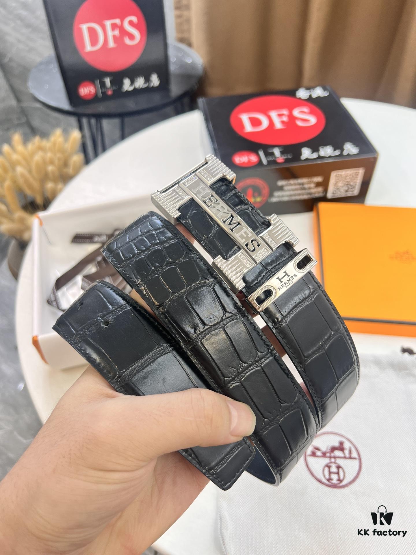 Hermès H Belt, New Arrival with Inlaid Brick Stainless Steel 'H' Buckle, ZP-Synchronized Engraved Logo, Imported Crocodile-Texture Top-Layer Cowhide