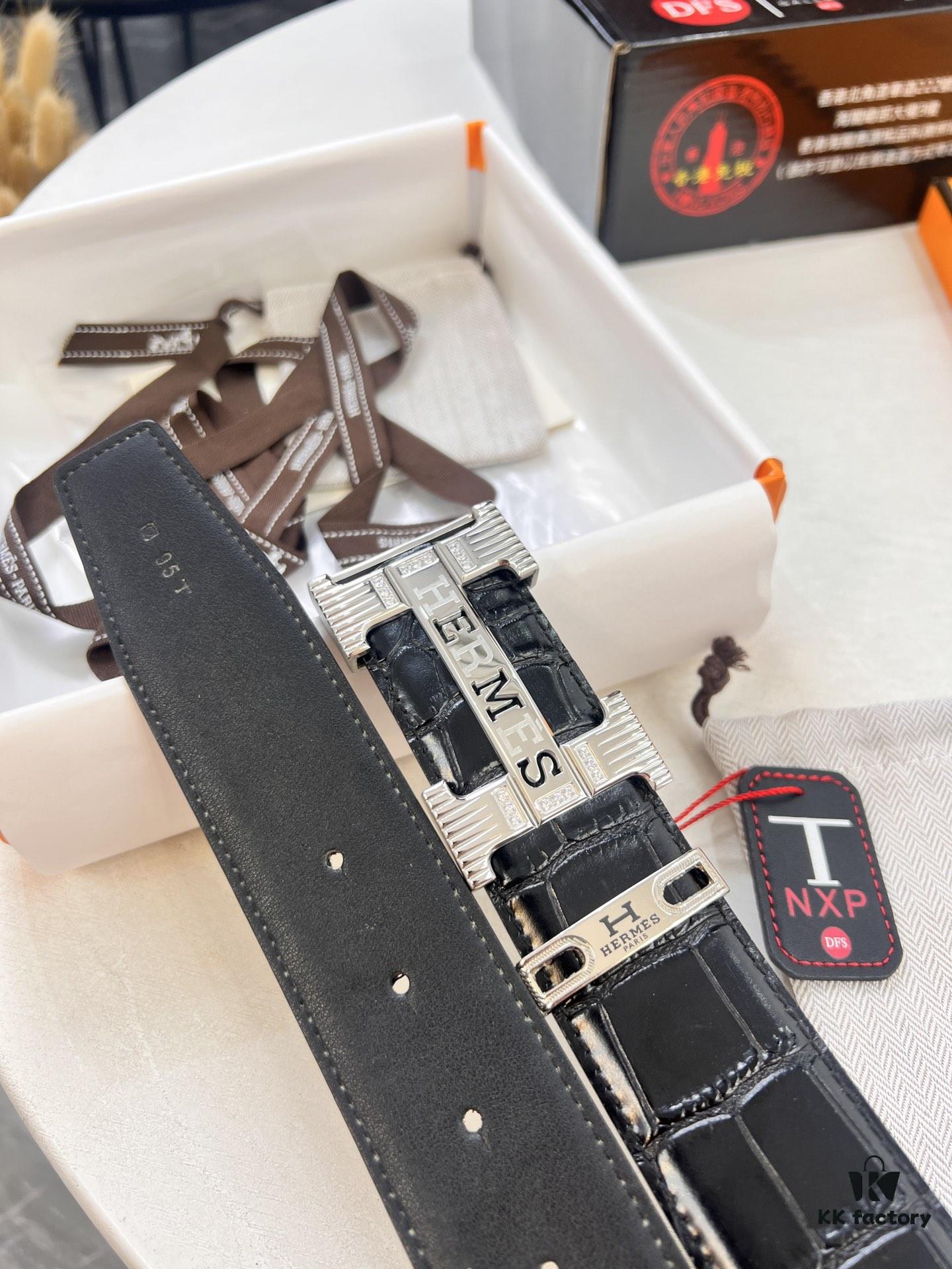 Hermès H Belt, New Arrival with Inlaid Brick Stainless Steel 'H' Buckle, ZP-Synchronized Engraved Logo, Imported Crocodile-Texture Top-Layer Cowhide