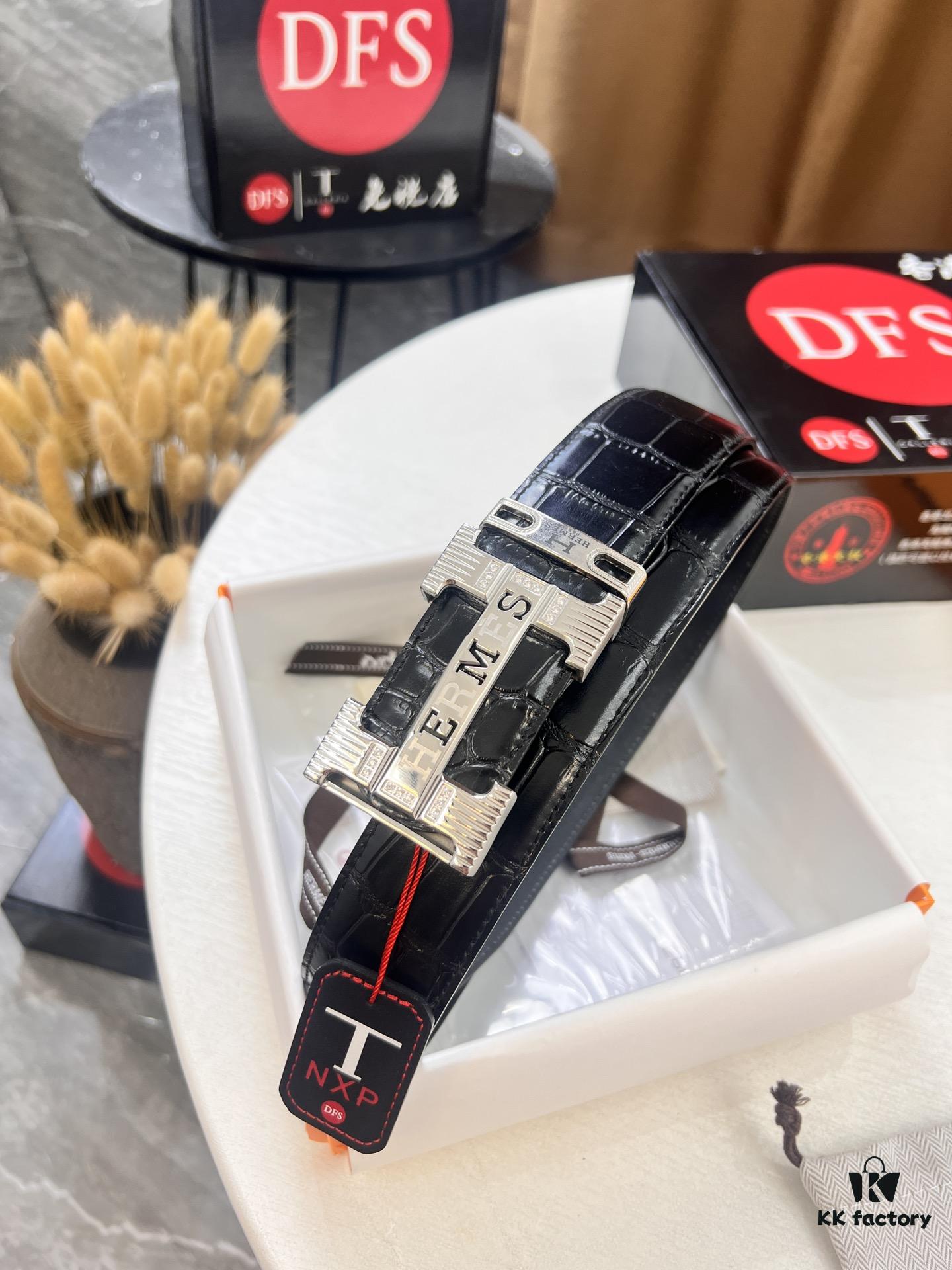 Hermès H Belt, New Arrival with Inlaid Brick Stainless Steel 'H' Buckle, ZP-Synchronized Engraved Logo, Imported Crocodile-Texture Top-Layer Cowhide
