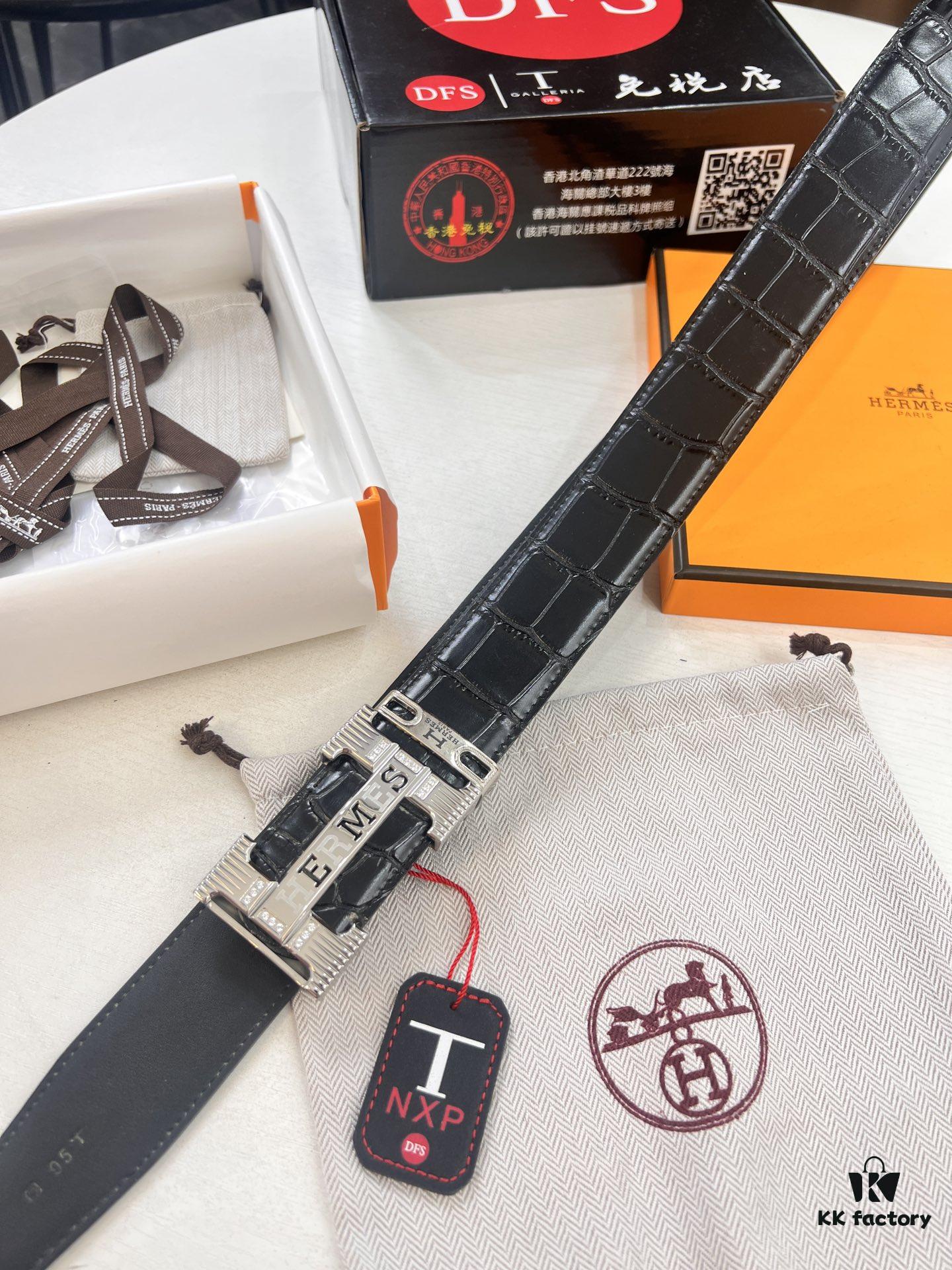 Hermès H Belt, New Arrival with Inlaid Brick Stainless Steel 'H' Buckle, ZP-Synchronized Engraved Logo, Imported Crocodile-Texture Top-Layer Cowhide