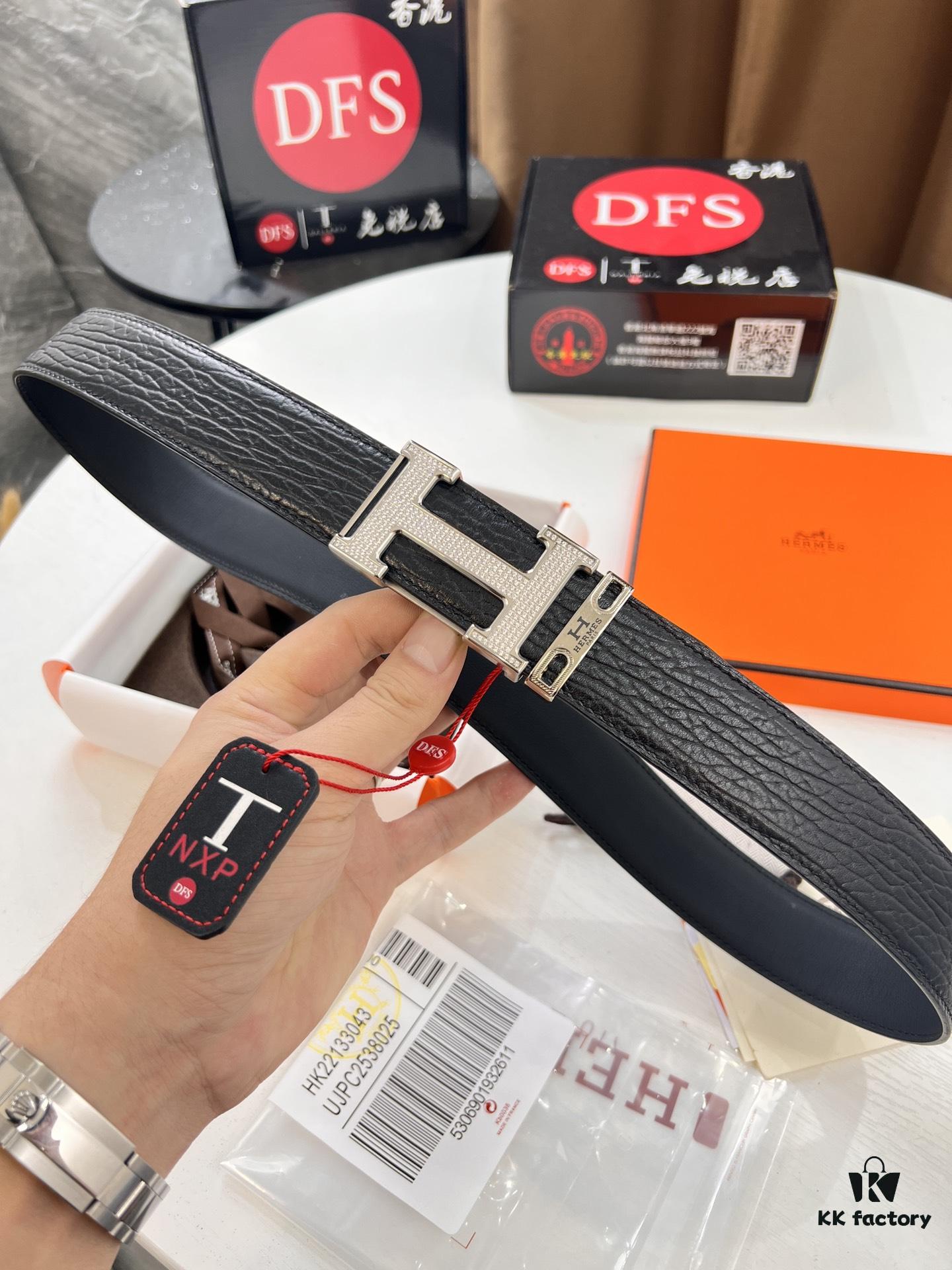 Hermès Men's Belt, New Style Full Diamond H Letter Inside Buckle, Double-Sided Use, ZP Synchronized Steel Logo, Imported Elephant Texture Full-Grain Leather, 3.8cm Width, Top Quality