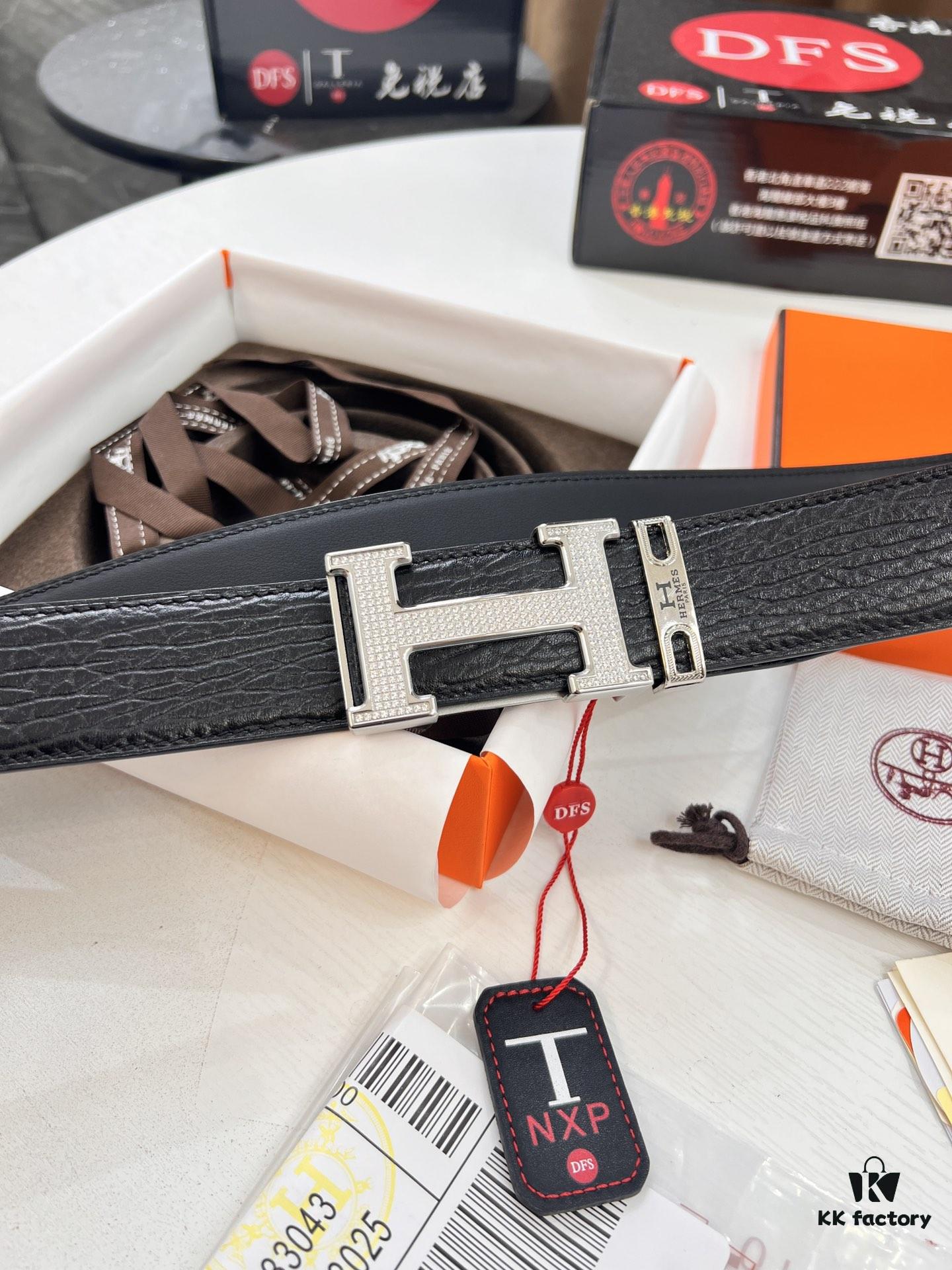 Hermès Men's Belt, New Style Full Diamond H Letter Inside Buckle, Double-Sided Use, ZP Synchronized Steel Logo, Imported Elephant Texture Full-Grain Leather, 3.8cm Width, Top Quality