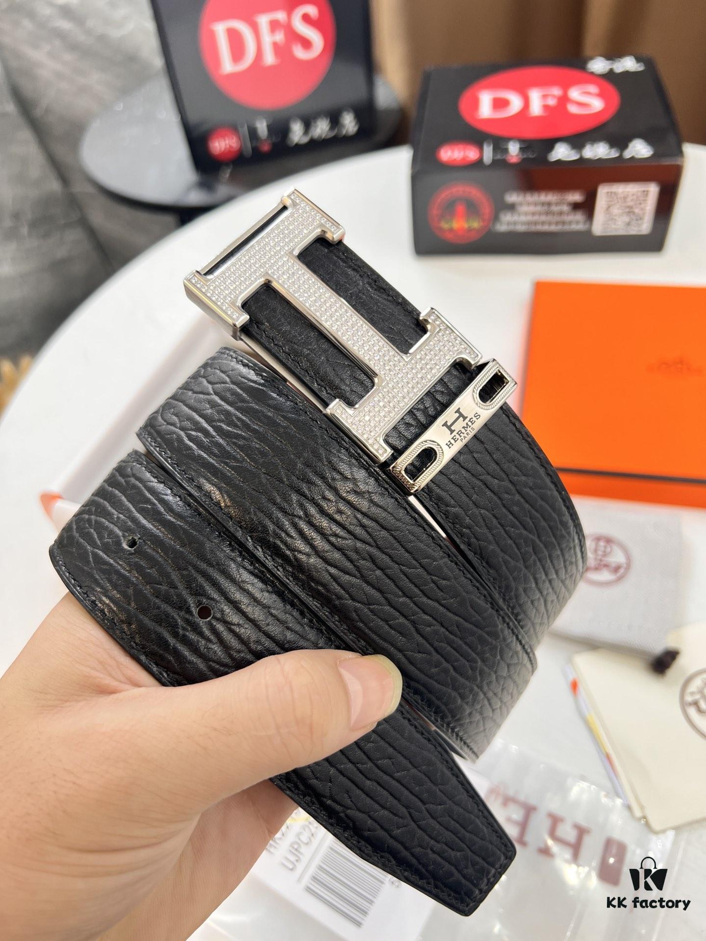 Hermès Men's Belt, New Style Full Diamond H Letter Inside Buckle, Double-Sided Use, ZP Synchronized Steel Logo, Imported Elephant Texture Full-Grain Leather, 3.8cm Width, Top Quality
