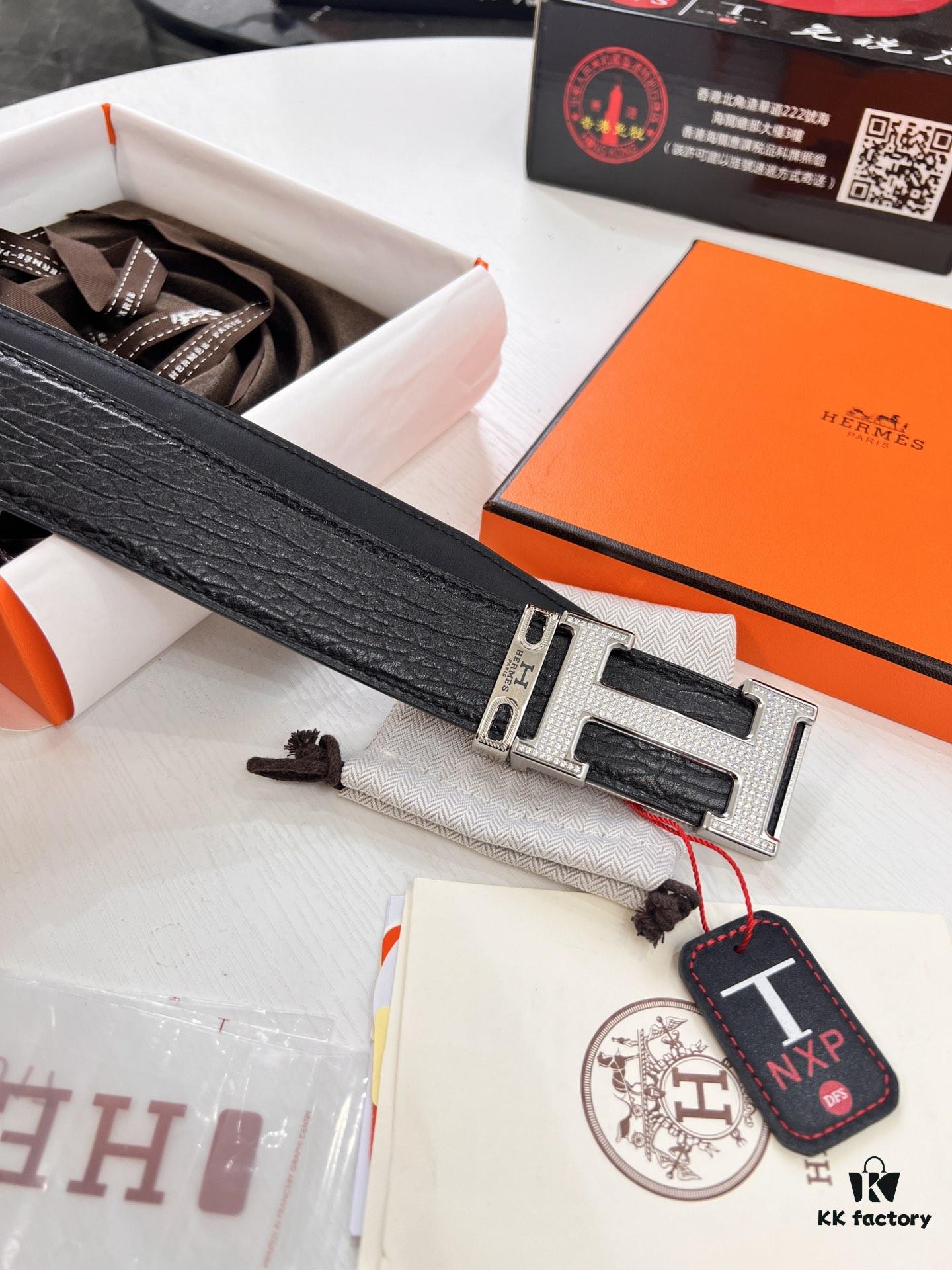 Hermès Men's Belt, New Style Full Diamond H Letter Inside Buckle, Double-Sided Use, ZP Synchronized Steel Logo, Imported Elephant Texture Full-Grain Leather, 3.8cm Width, Top Quality