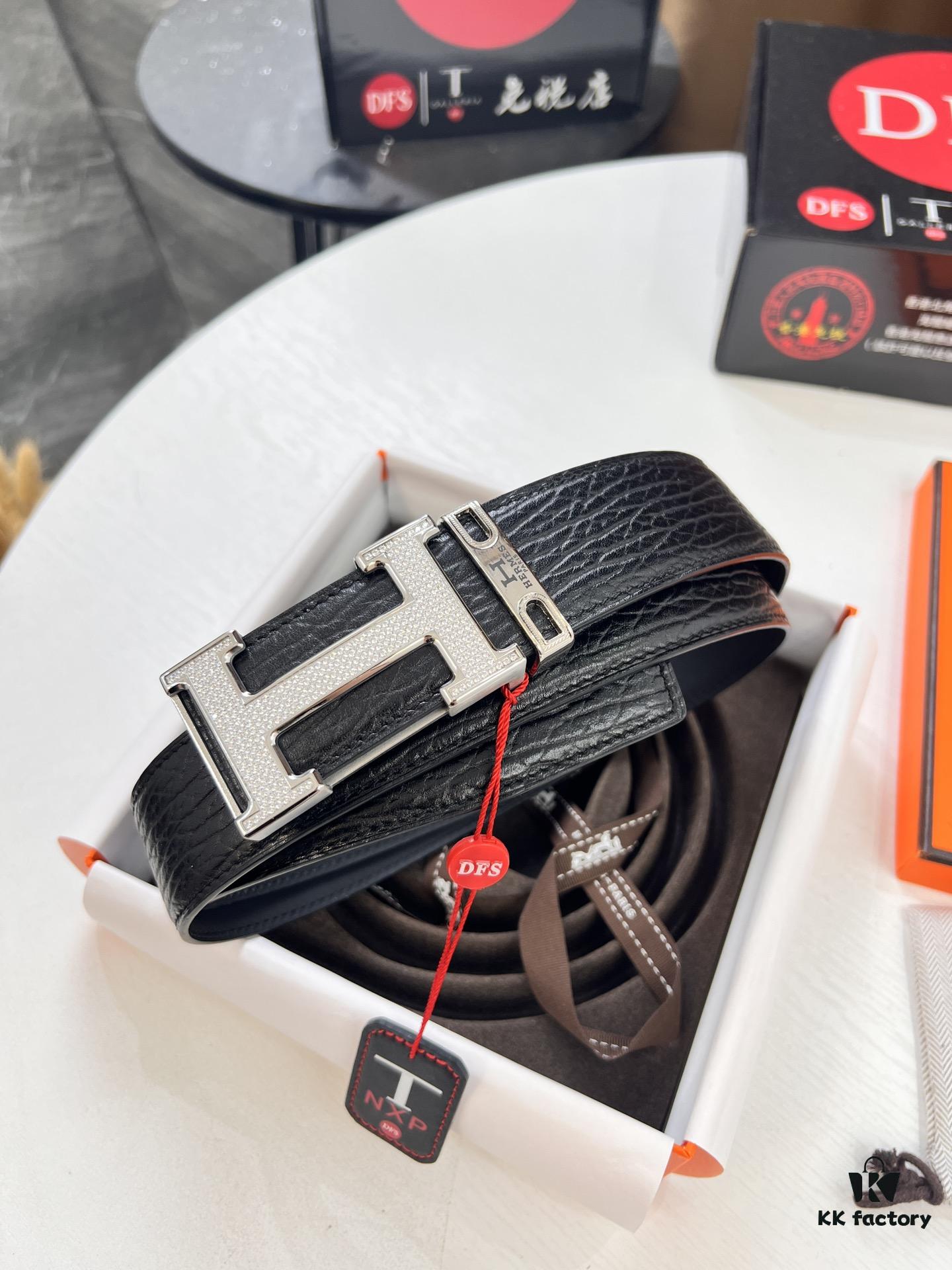 Hermès Men's Belt, New Style Full Diamond H Letter Inside Buckle, Double-Sided Use, ZP Synchronized Steel Logo, Imported Elephant Texture Full-Grain Leather, 3.8cm Width, Top Quality