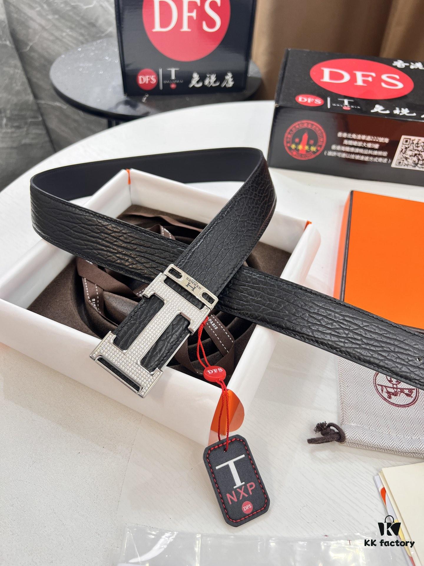 Hermès Men's Belt, New Style Full Diamond H Letter Inside Buckle, Double-Sided Use, ZP Synchronized Steel Logo, Imported Elephant Texture Full-Grain Leather, 3.8cm Width, Top Quality
