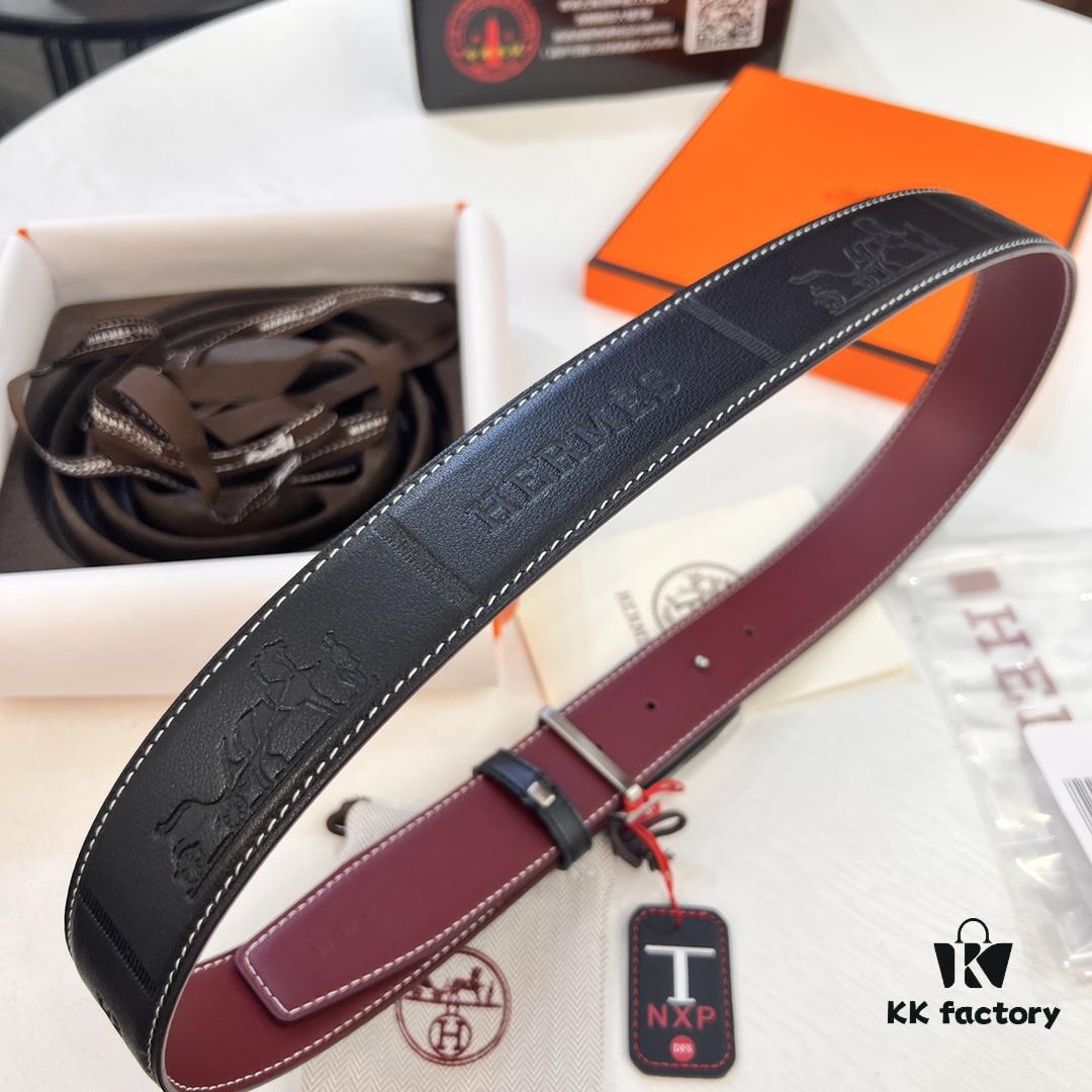 Hermès Men's Belt, Wine Red Fine-Grain Full-Grain Calfskin Leather, 3.8cm Width, Stainless Steel Hardware, Adjustable Length