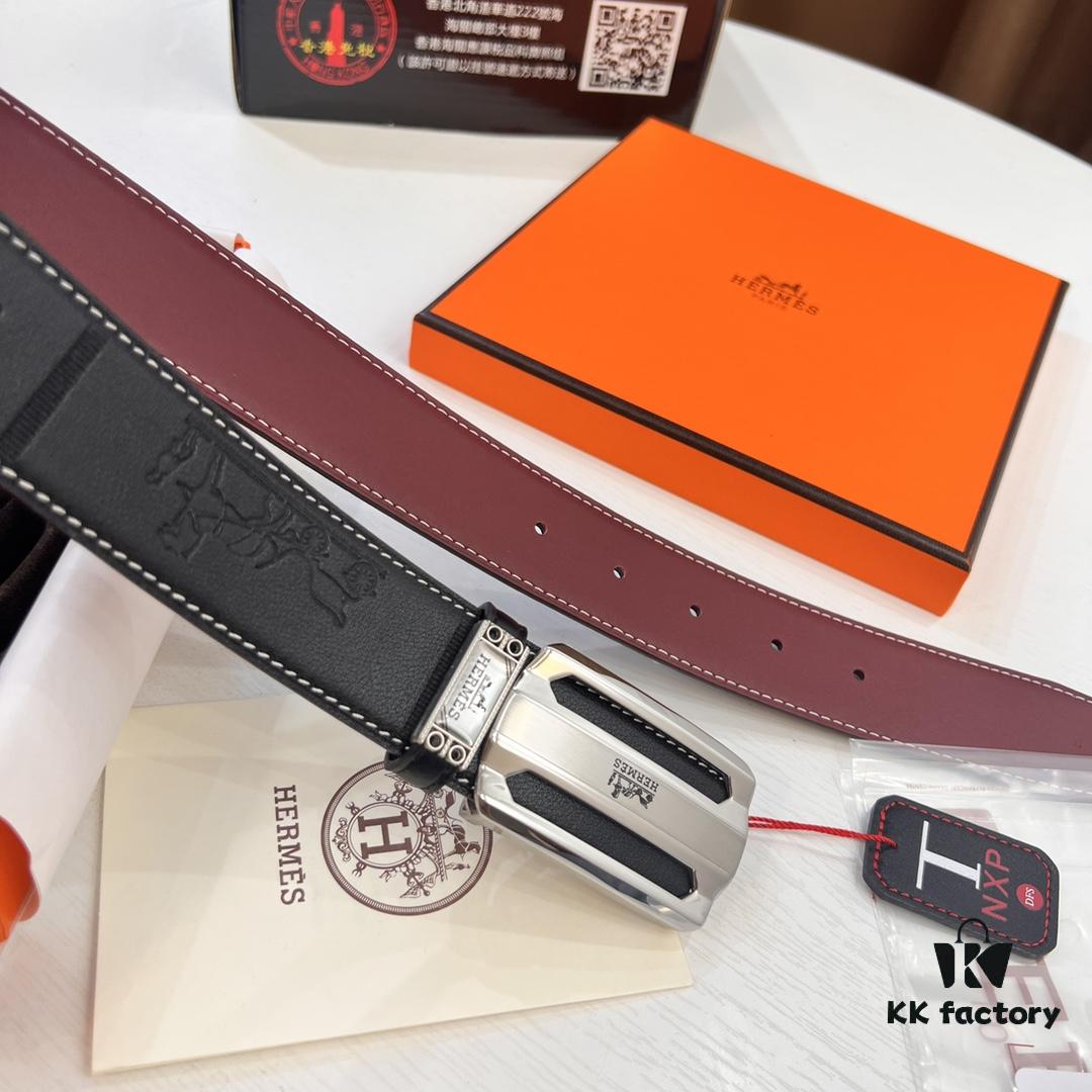 Hermès Men's Belt, Wine Red Fine-Grain Full-Grain Calfskin Leather, 3.8cm Width, Stainless Steel Hardware, Adjustable Length