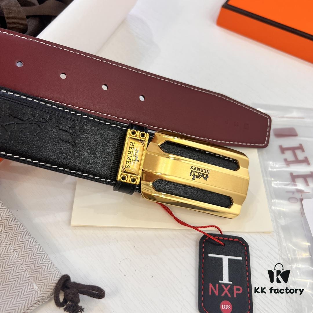 693201543a89a121ed550574 Hermès Men's Belt - Wine Red Fine-Grain Full-Grain Calfskin Leather Belt with Stainless Steel Hardware